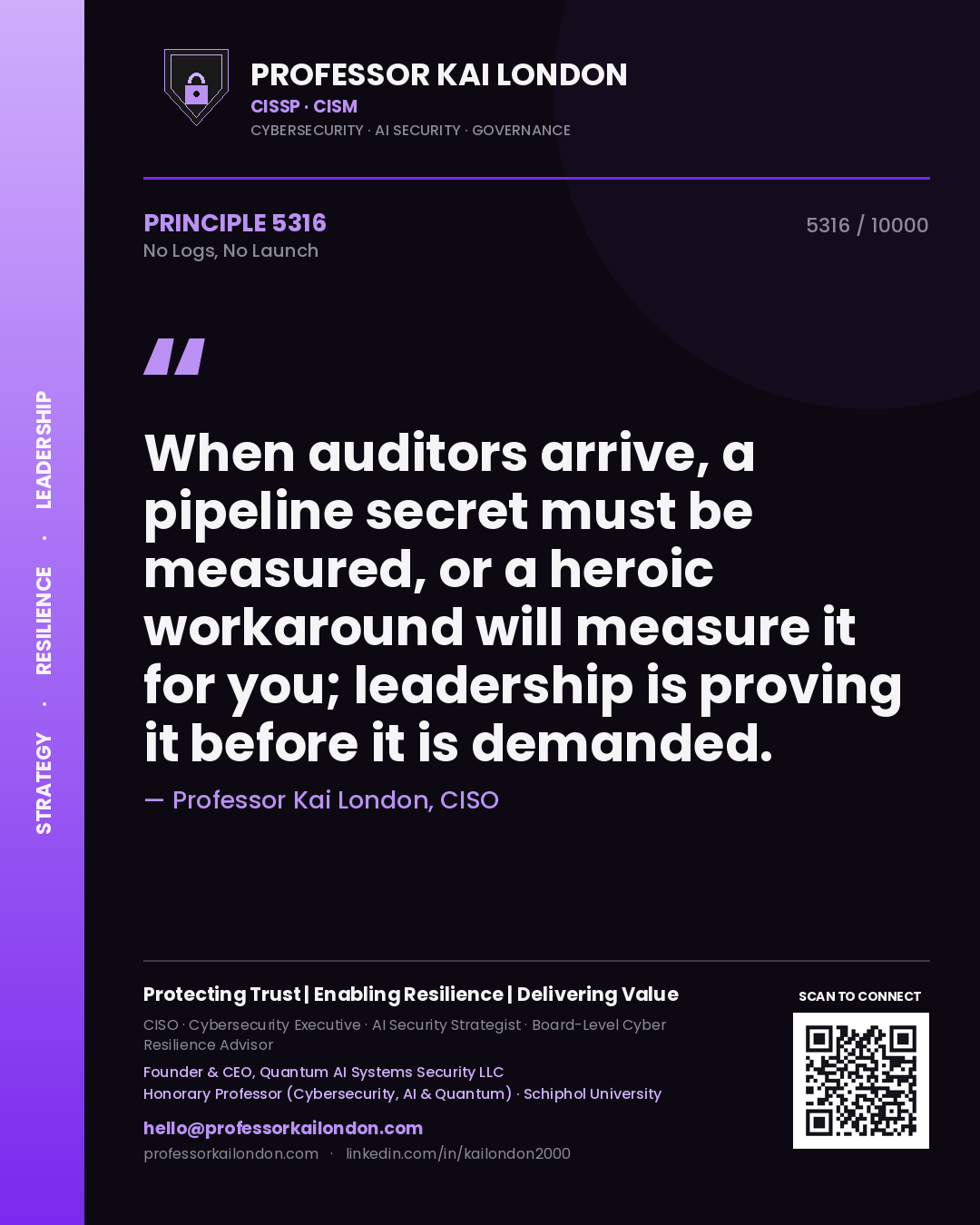 Quote card by Professor Kai London reading 'When auditors arrive, a pipeline secret must be measured, or a heroic workaround will measure it for you; leadership is proving it before it is demanded.'. From the book No Logs, No Launch.