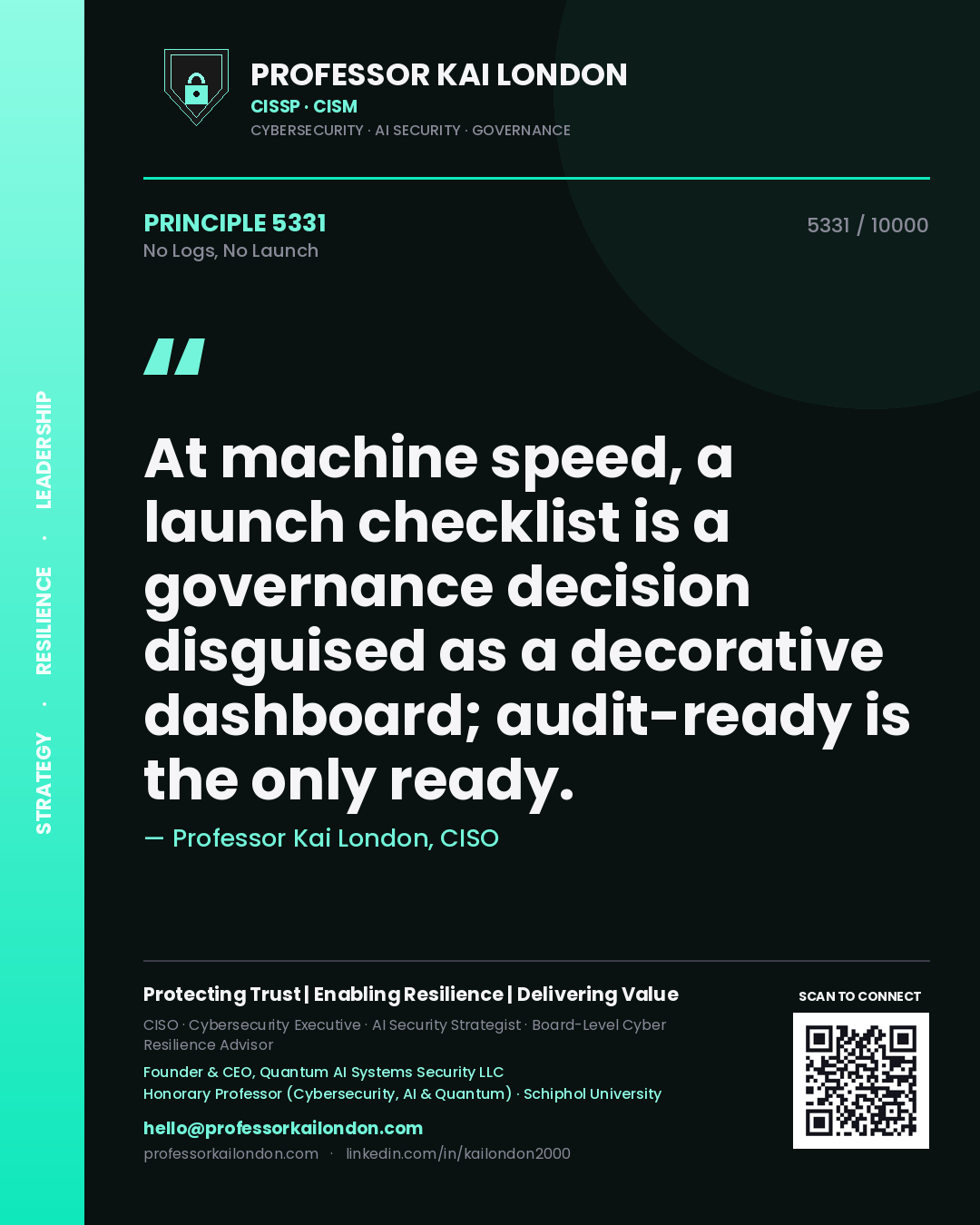 Quote card by Professor Kai London reading 'At machine speed, a launch checklist is a governance decision disguised as a decorative dashboard; audit-ready is the only ready.'. From the book No Logs, No Launch.