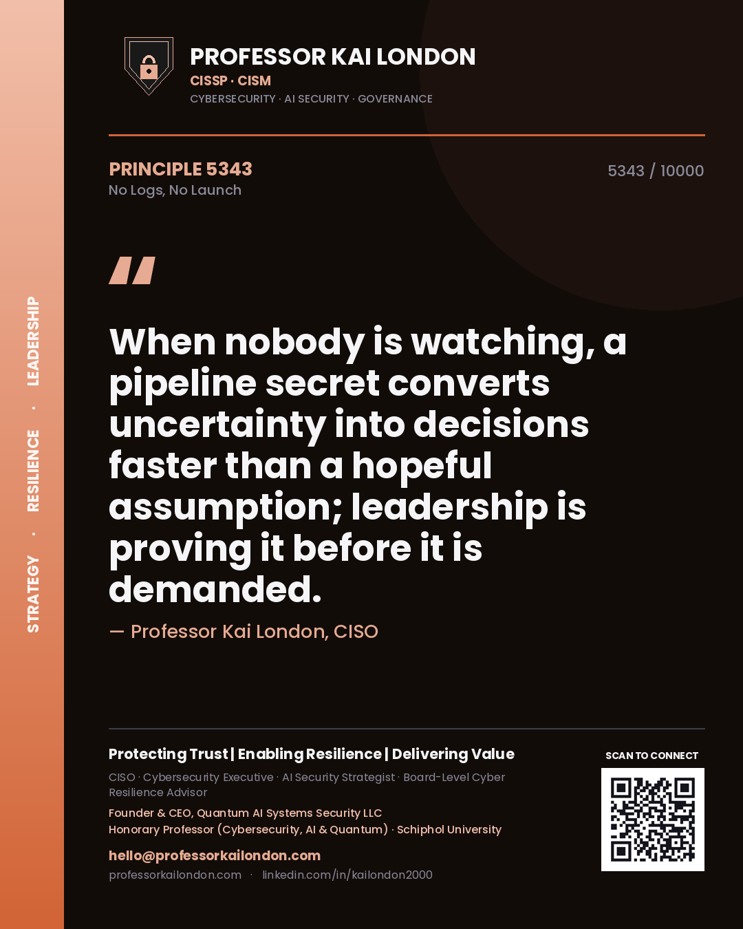 Quote card by Professor Kai London reading 'When nobody is watching, a pipeline secret converts uncertainty into decisions faster than a hopeful assumption; leadership is proving it before it is demanded.'. From the book No Logs, No Launch.
