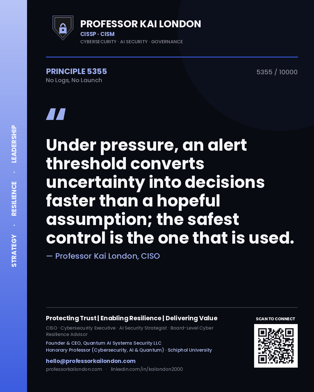 Quote card by Professor Kai London reading 'Under pressure, an alert threshold converts uncertainty into decisions faster than a hopeful assumption; the safest control is the one that is used.'. From the book No Logs, No Launch.