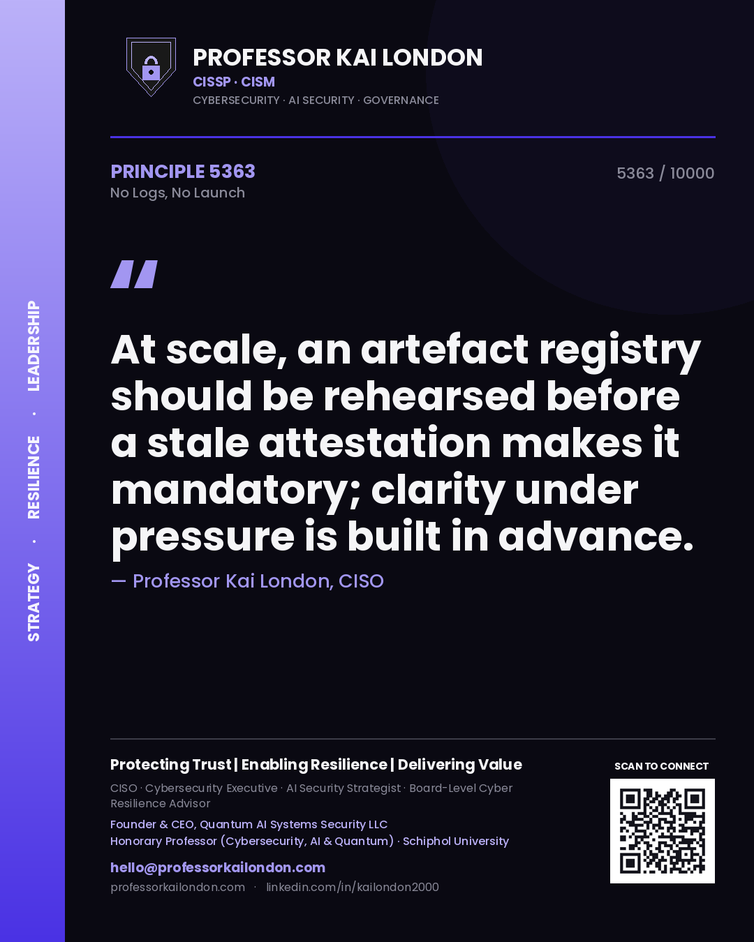 Professor Kai London principle 5363: At scale, an artefact registry should be rehearsed before a stale attestation makes it mandatory; clarity under pressure is built in advance.