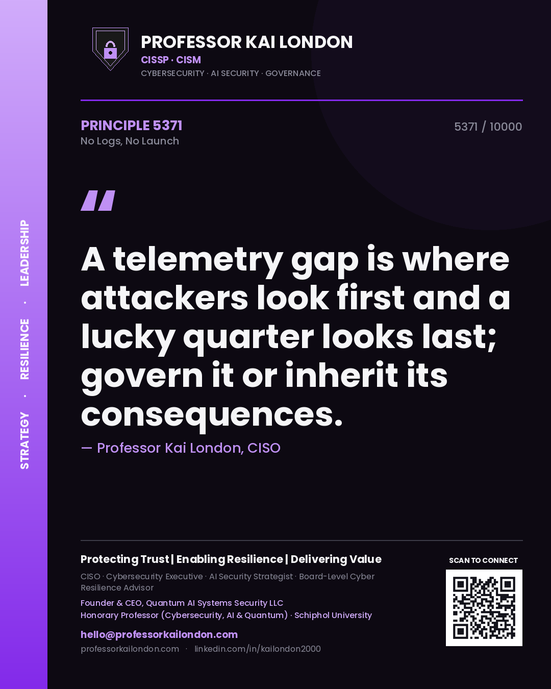 Quote card by Professor Kai London reading 'A telemetry gap is where attackers look first and a lucky quarter looks last; govern it or inherit its consequences.'. From the book No Logs, No Launch.