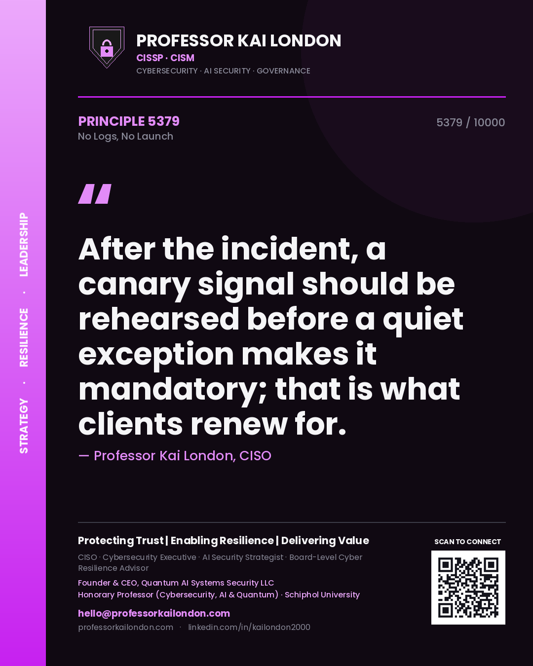 Quote card by Professor Kai London reading 'After the incident, a canary signal should be rehearsed before a quiet exception makes it mandatory; that is what clients renew for.'. From the book No Logs, No Launch.