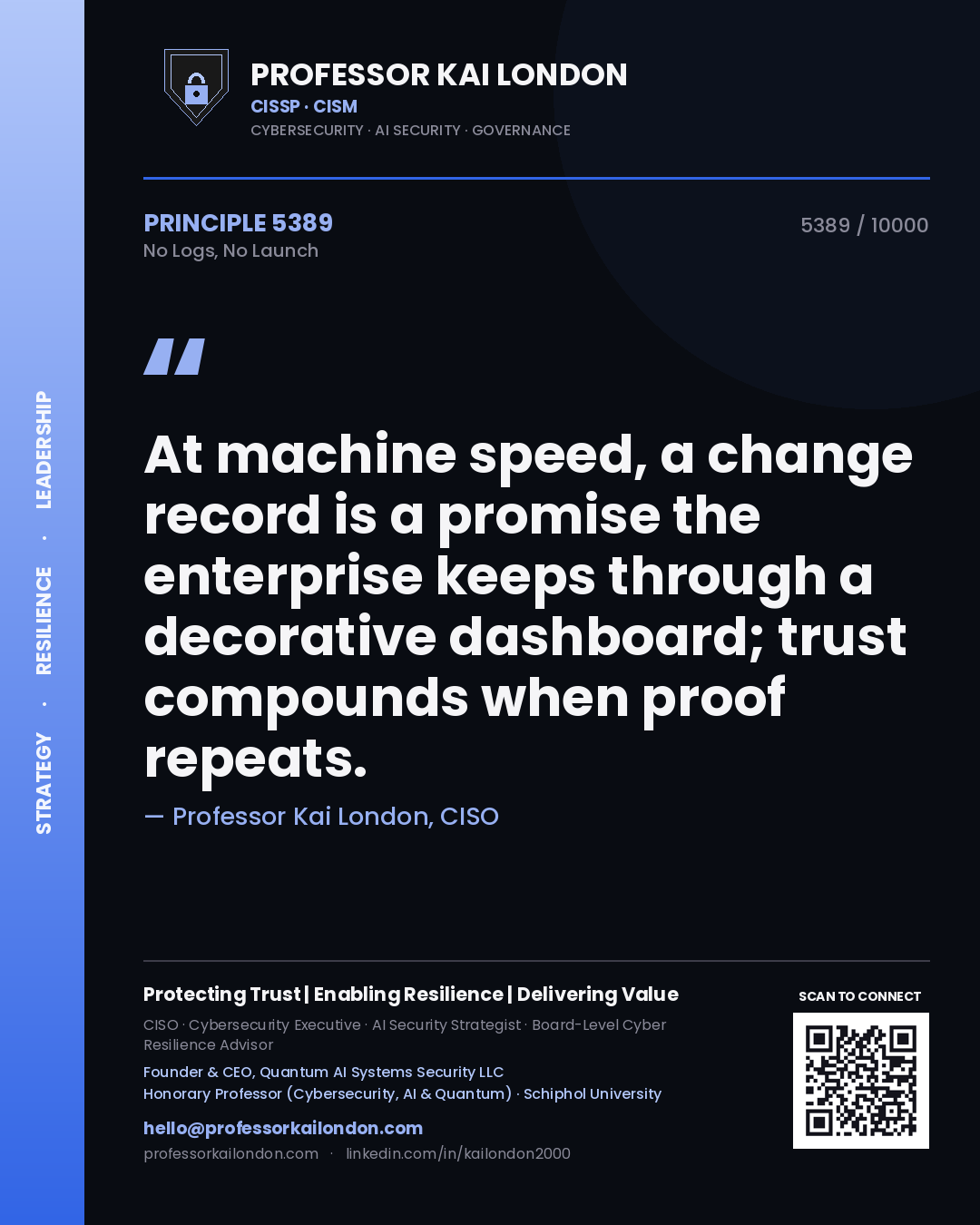 Quote card by Professor Kai London reading 'At machine speed, a change record is a promise the enterprise keeps through a decorative dashboard; trust compounds when proof repeats.'. From the book No Logs, No Launch.