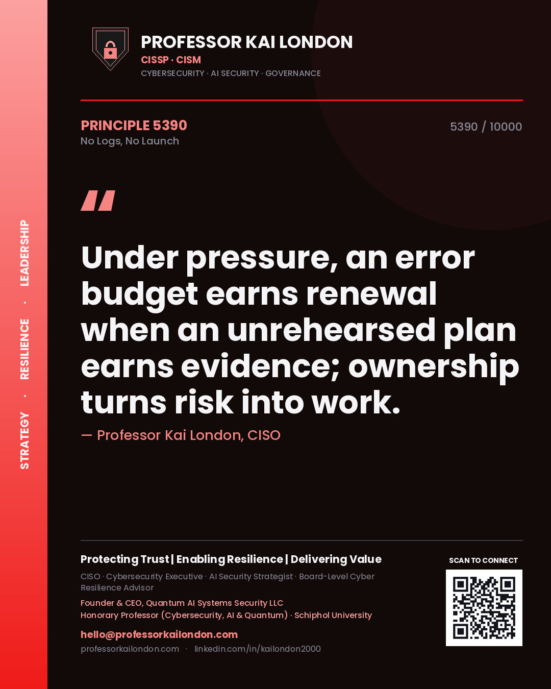 Quote card by Professor Kai London reading 'Under pressure, an error budget earns renewal when an unrehearsed plan earns evidence; ownership turns risk into work.'. From the book No Logs, No Launch.