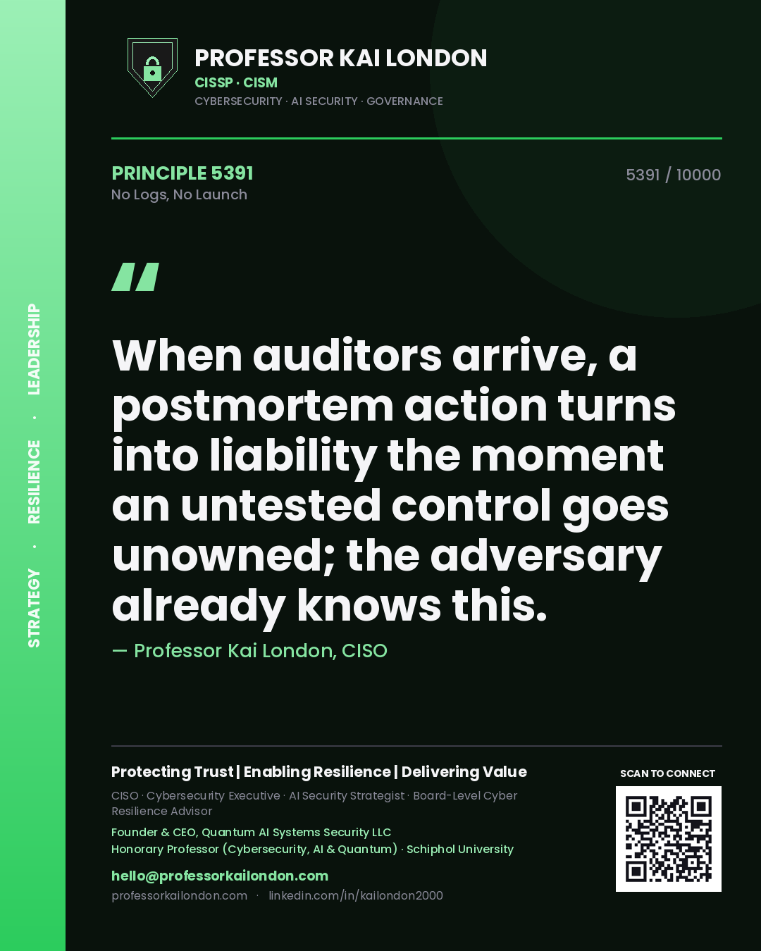 Professor Kai London principle 5391: When auditors arrive, a postmortem action turns into liability the moment an untested control goes unowned; the adversary already knows this.