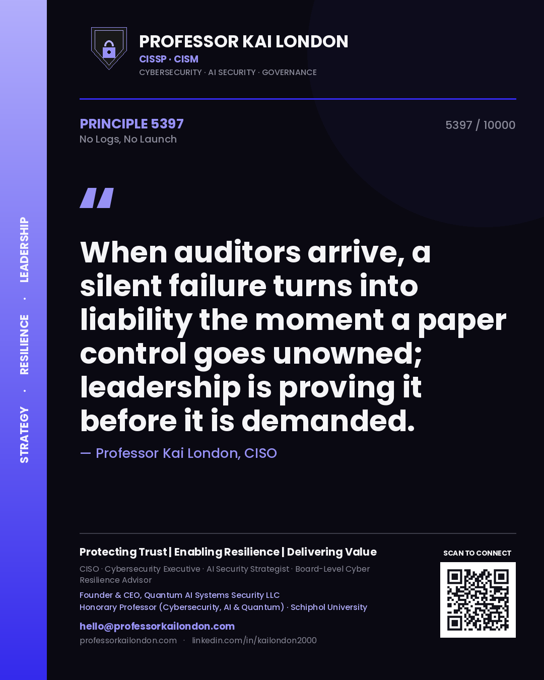 Quote card by Professor Kai London reading 'When auditors arrive, a silent failure turns into liability the moment a paper control goes unowned; leadership is proving it before it is demanded.'. From the book No Logs, No Launch.