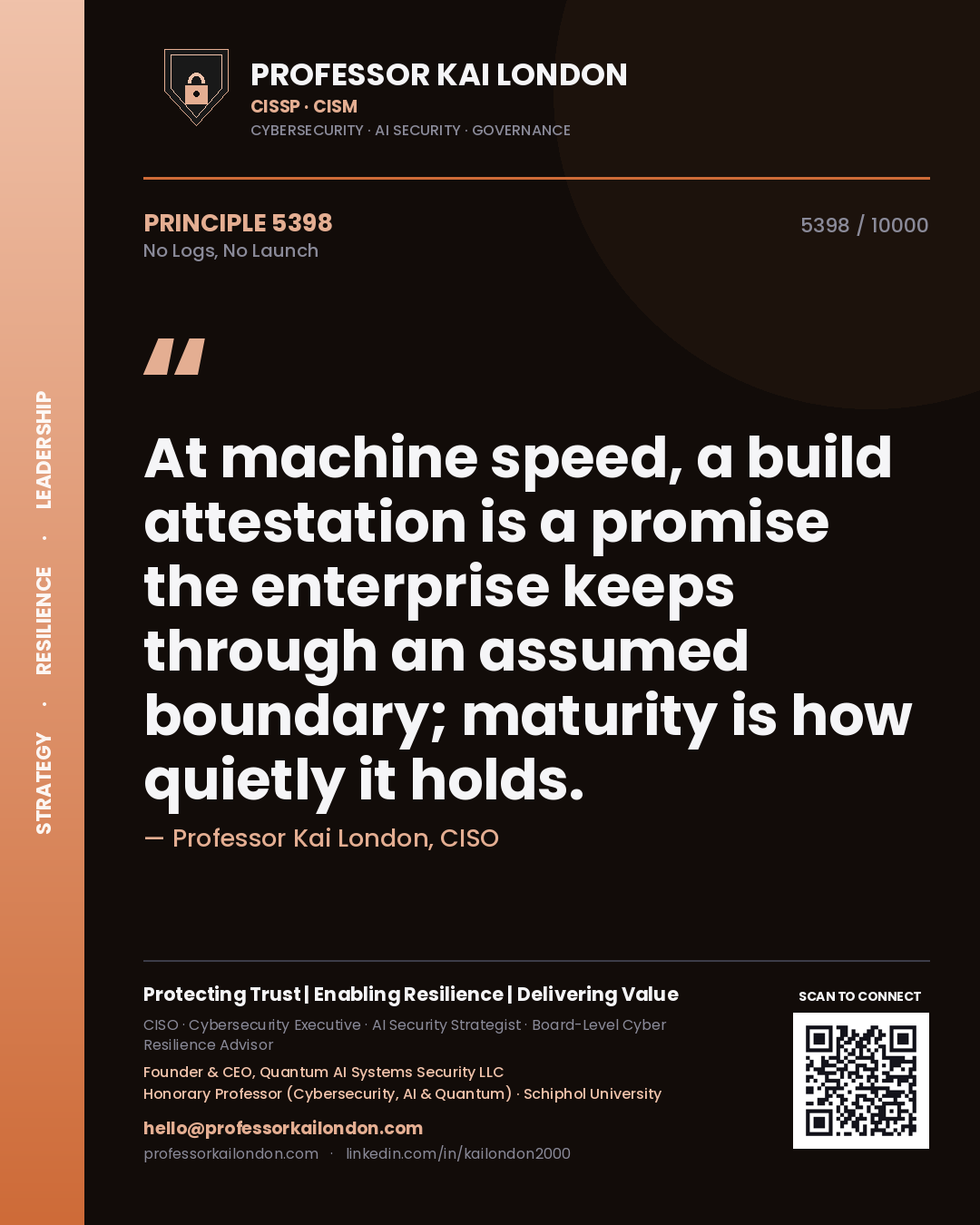 Quote card by Professor Kai London reading 'At machine speed, a build attestation is a promise the enterprise keeps through an assumed boundary; maturity is how quietly it holds.'. From the book No Logs, No Launch.