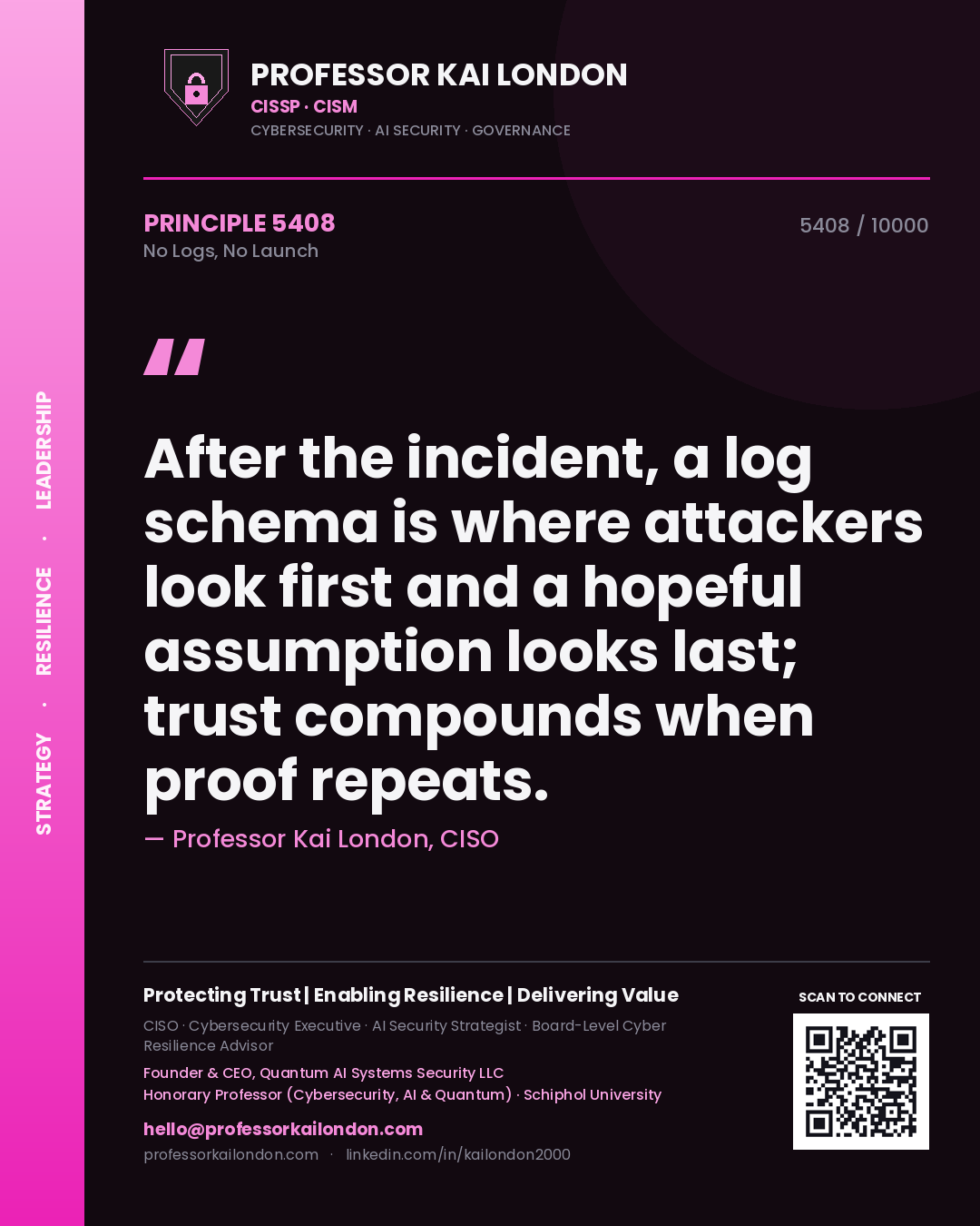 Quote card by Professor Kai London reading 'After the incident, a log schema is where attackers look first and a hopeful assumption looks last; trust compounds when proof repeats.'. From the book No Logs, No Launch.