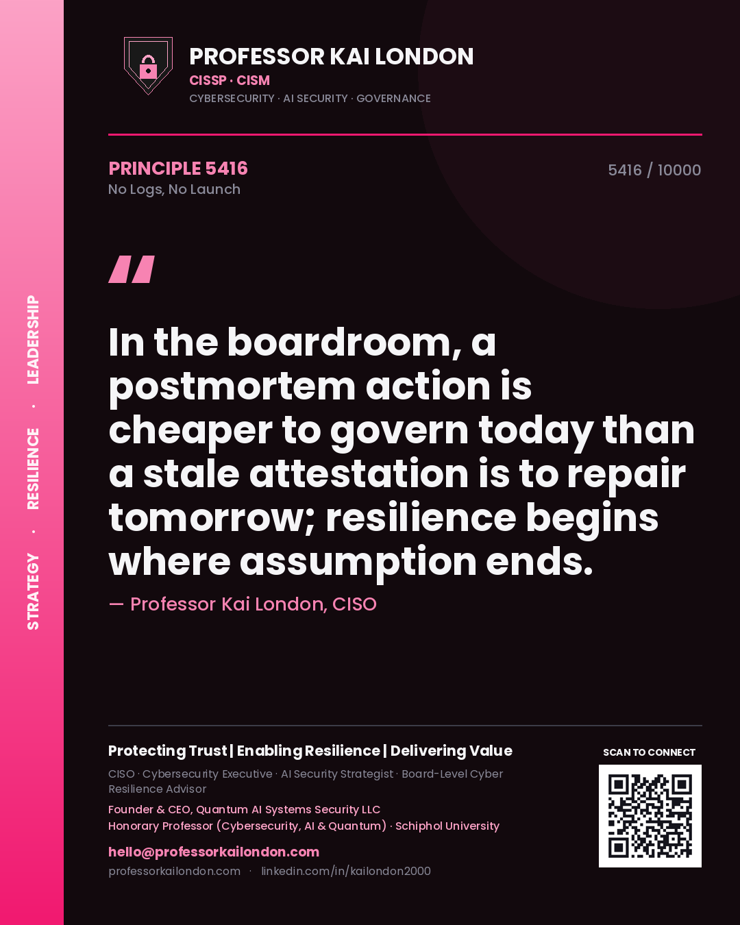 Quote card by Professor Kai London reading 'In the boardroom, a postmortem action is cheaper to govern today than a stale attestation is to repair tomorrow; resilience begins where assumption ends.'. From the book No Logs, No Launch.
