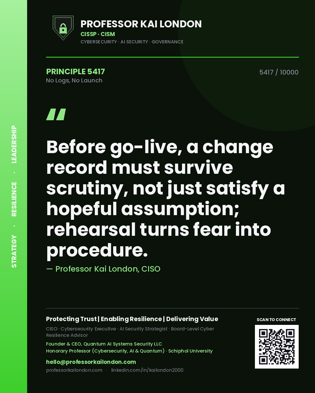 Quote card by Professor Kai London reading 'Before go-live, a change record must survive scrutiny, not just satisfy a hopeful assumption; rehearsal turns fear into procedure.'. From the book No Logs, No Launch.