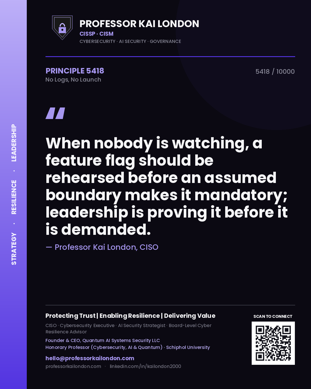Quote card by Professor Kai London reading 'When nobody is watching, a feature flag should be rehearsed before an assumed boundary makes it mandatory; leadership is proving it before it is demanded.'. From the book No Logs, No Launch.