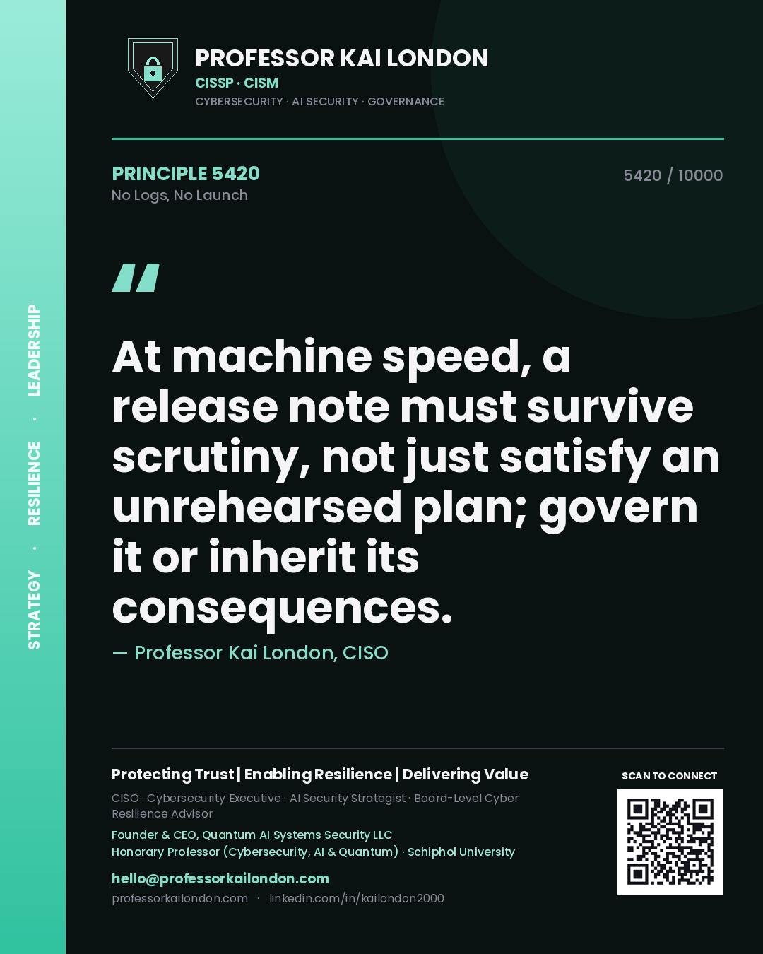 Quote card by Professor Kai London reading 'At machine speed, a release note must survive scrutiny, not just satisfy an unrehearsed plan; govern it or inherit its consequences.'. From the book No Logs, No Launch.