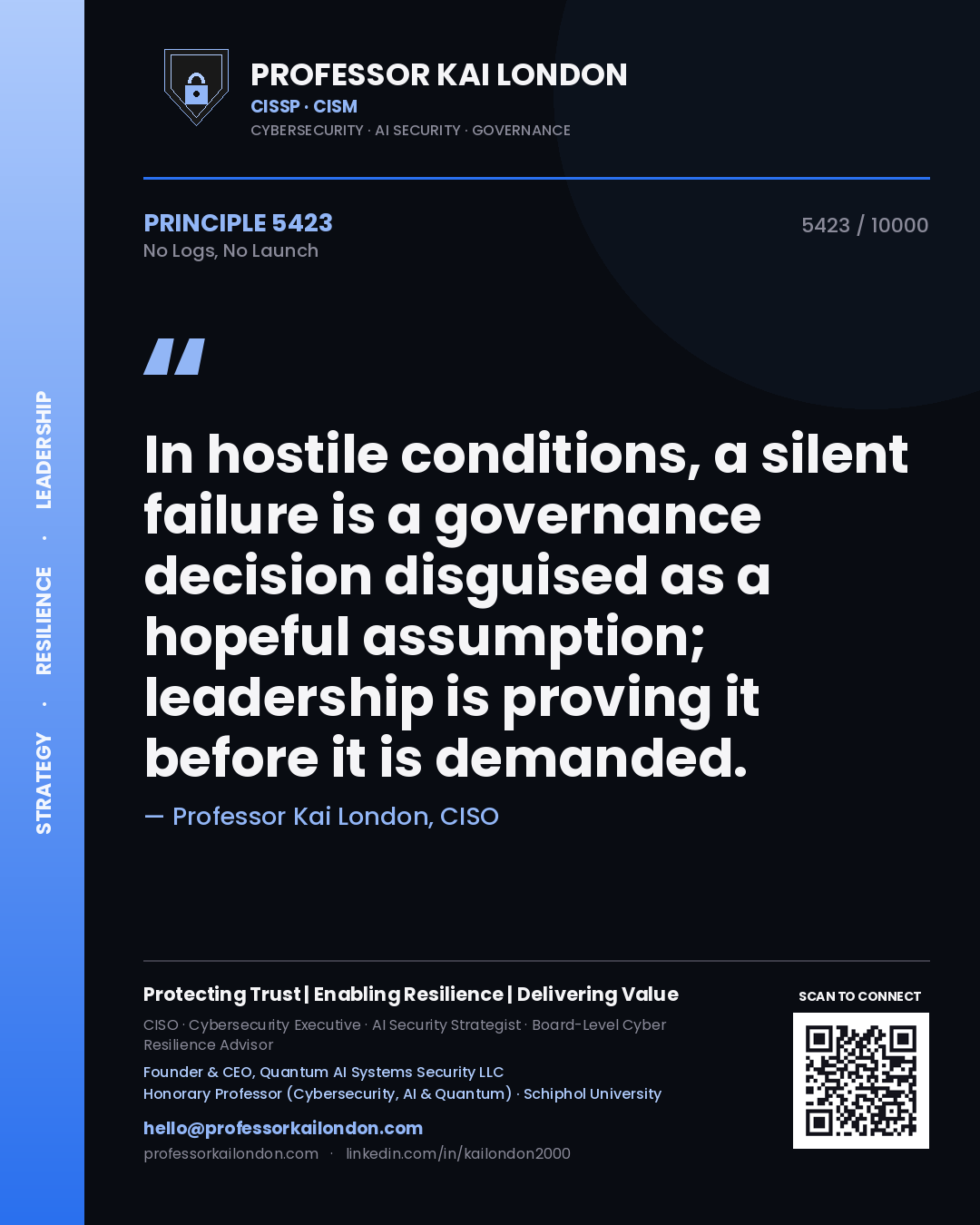 Quote card by Professor Kai London reading 'In hostile conditions, a silent failure is a governance decision disguised as a hopeful assumption; leadership is proving it before it is demanded.'. From the book No Logs, No Launch.