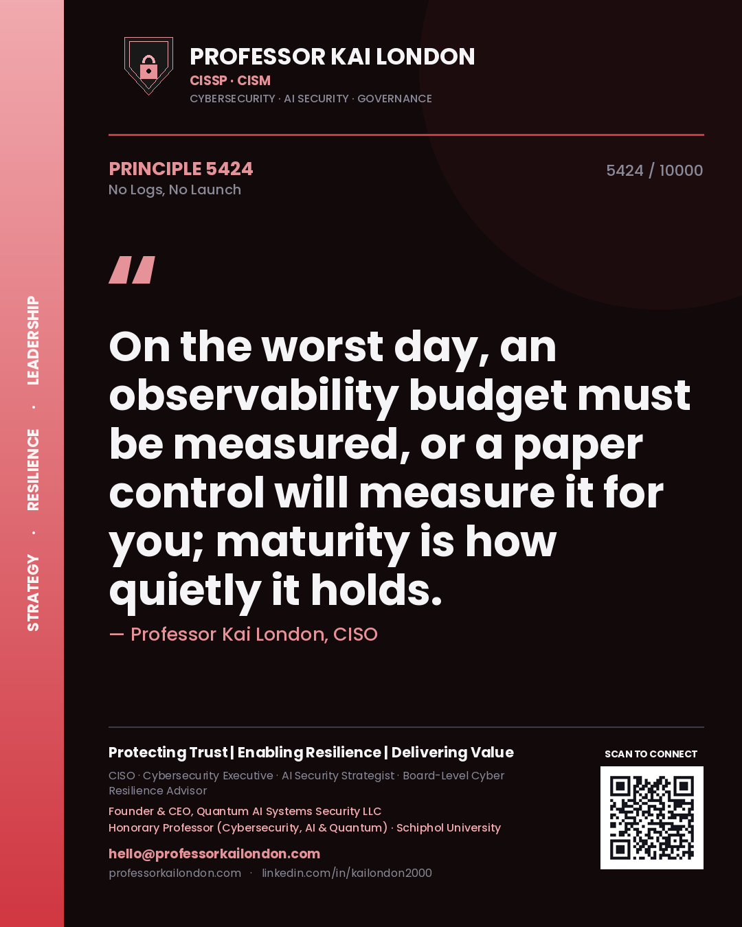 Professor Kai London principle 5424: On the worst day, an observability budget must be measured, or a paper control will measure it for you; maturity is how quietly it holds.