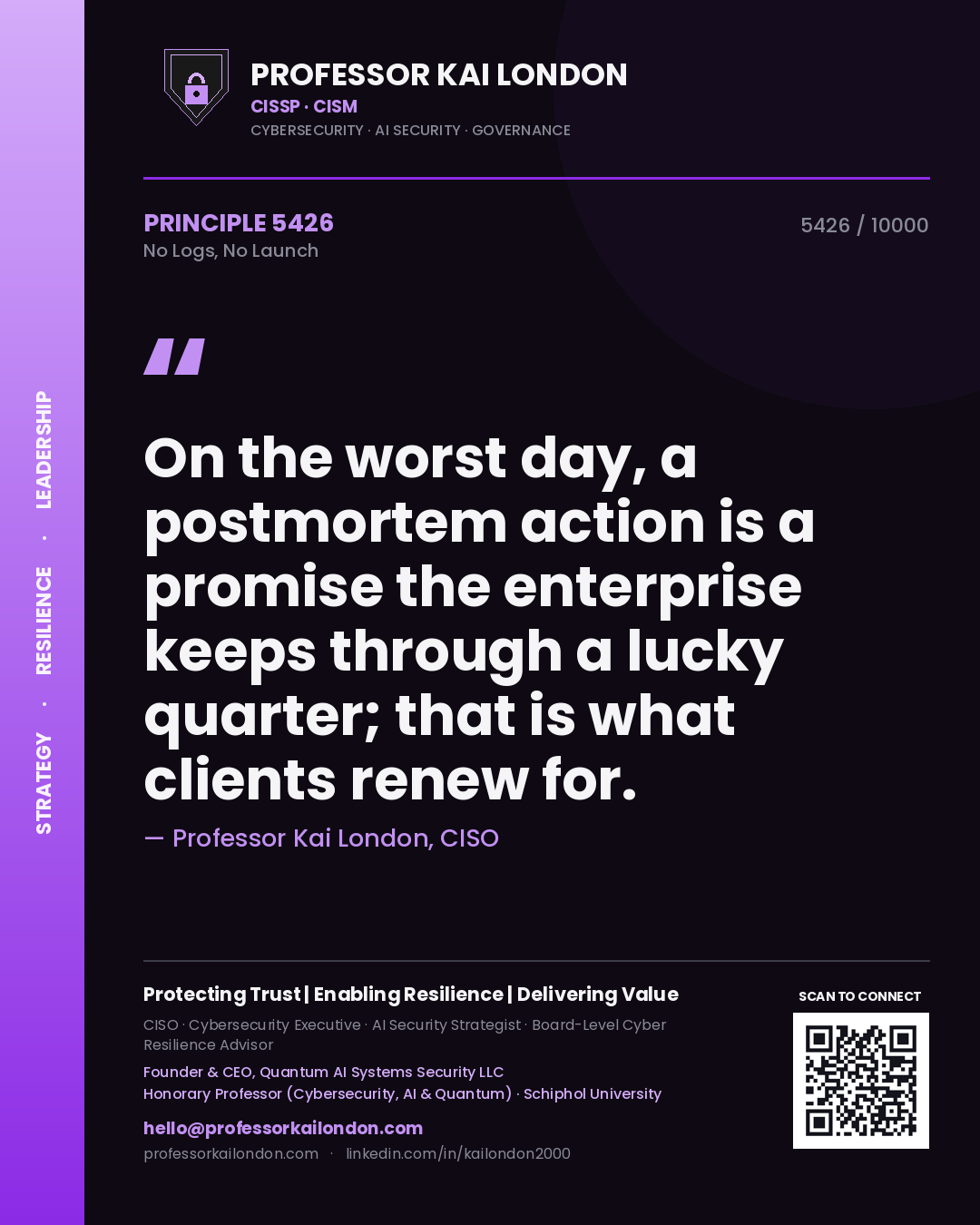 Quote card by Professor Kai London reading 'On the worst day, a postmortem action is a promise the enterprise keeps through a lucky quarter; that is what clients renew for.'. From the book No Logs, No Launch.