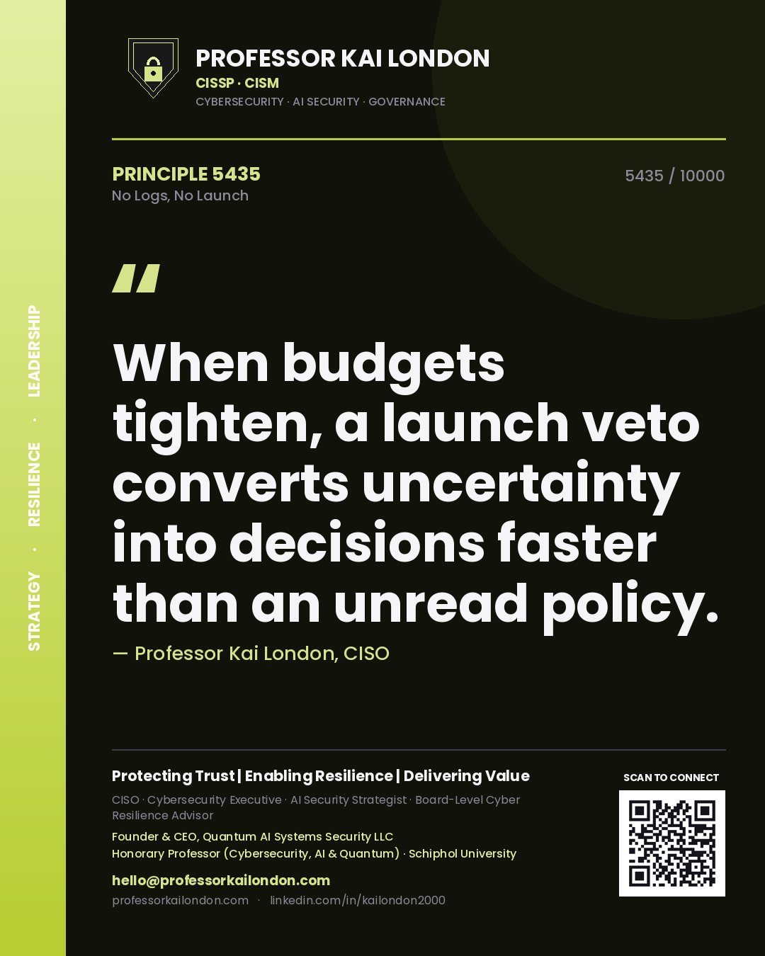 Quote card by Professor Kai London reading 'When budgets tighten, a launch veto converts uncertainty into decisions faster than an unread policy.'. From the book No Logs, No Launch.