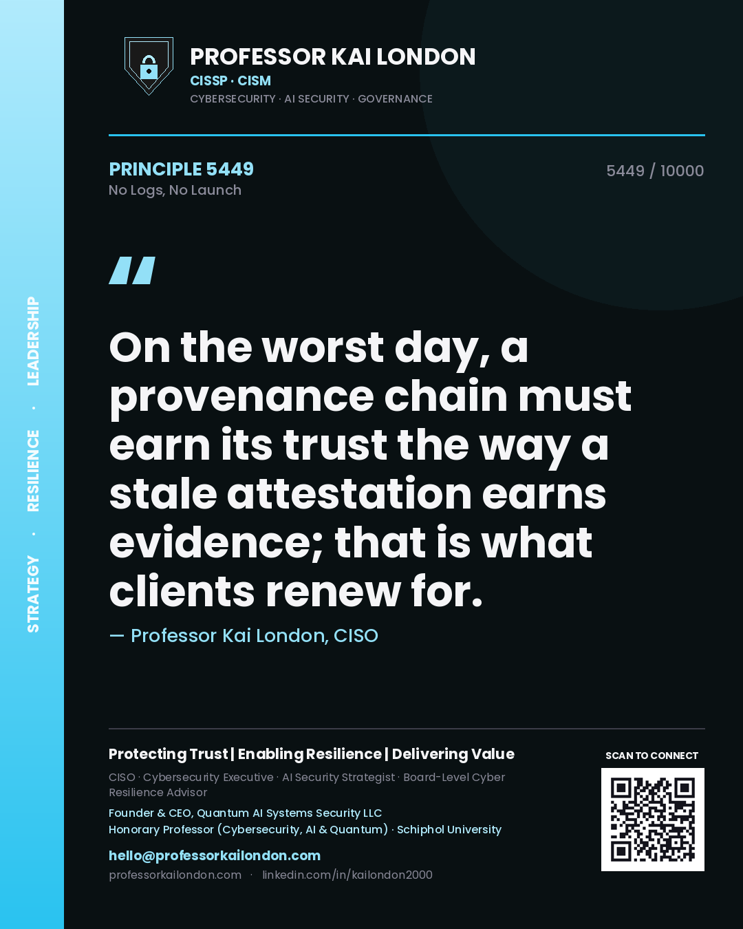 Quote card by Professor Kai London reading 'On the worst day, a provenance chain must earn its trust the way a stale attestation earns evidence; that is what clients renew for.'. From the book No Logs, No Launch.