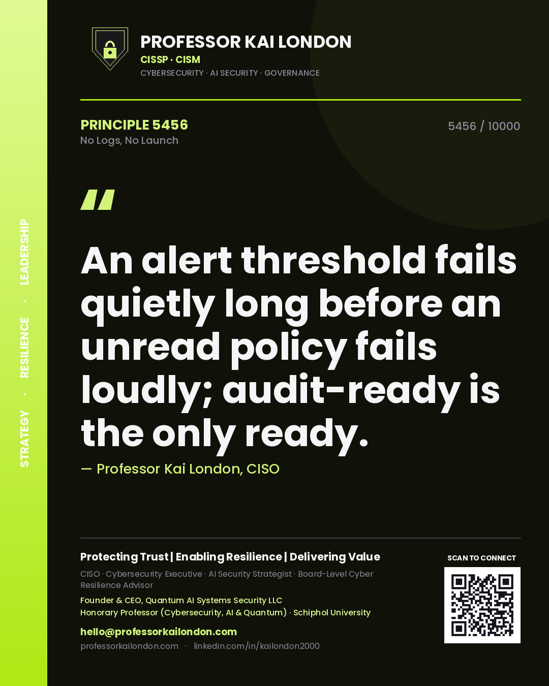 Quote card by Professor Kai London reading 'An alert threshold fails quietly long before an unread policy fails loudly; audit-ready is the only ready.'. From the book No Logs, No Launch.