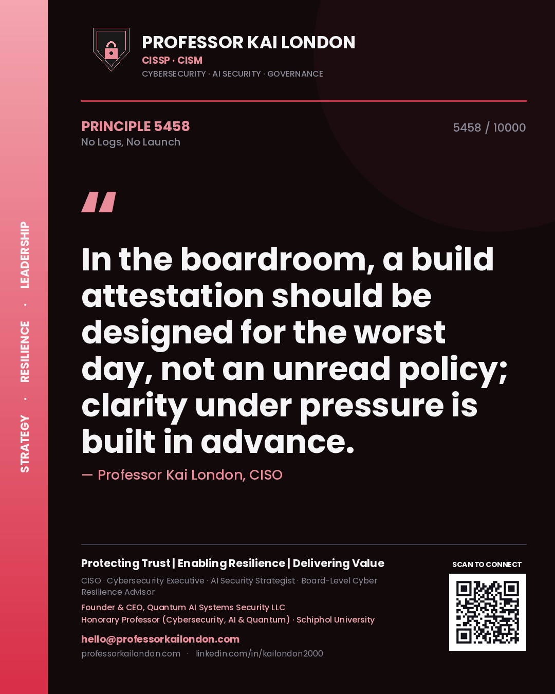Quote card by Professor Kai London reading 'In the boardroom, a build attestation should be designed for the worst day, not an unread policy; clarity under pressure is built in advance.'. From the book No Logs, No Launch.