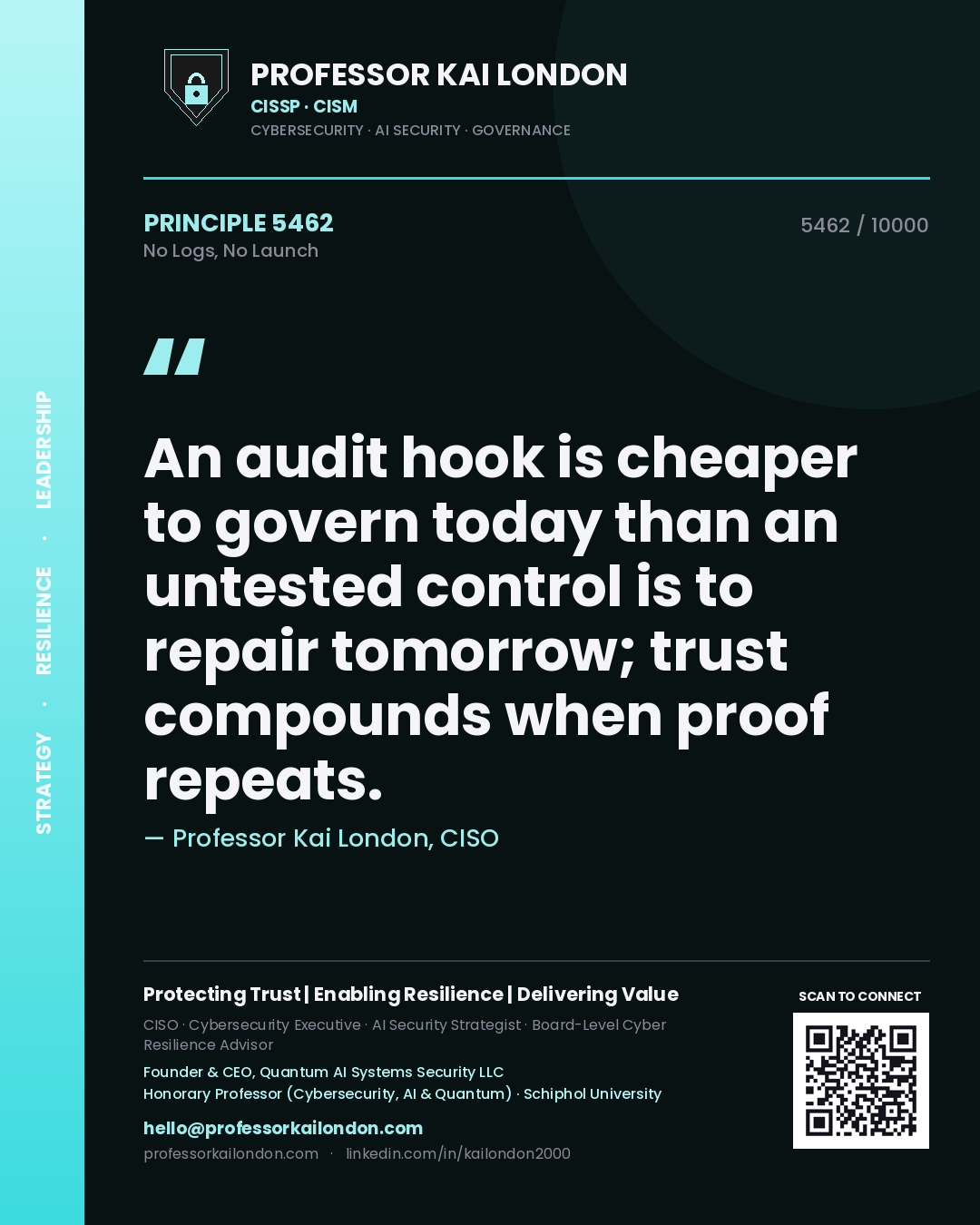 Quote card by Professor Kai London reading 'An audit hook is cheaper to govern today than an untested control is to repair tomorrow; trust compounds when proof repeats.'. From the book No Logs, No Launch.