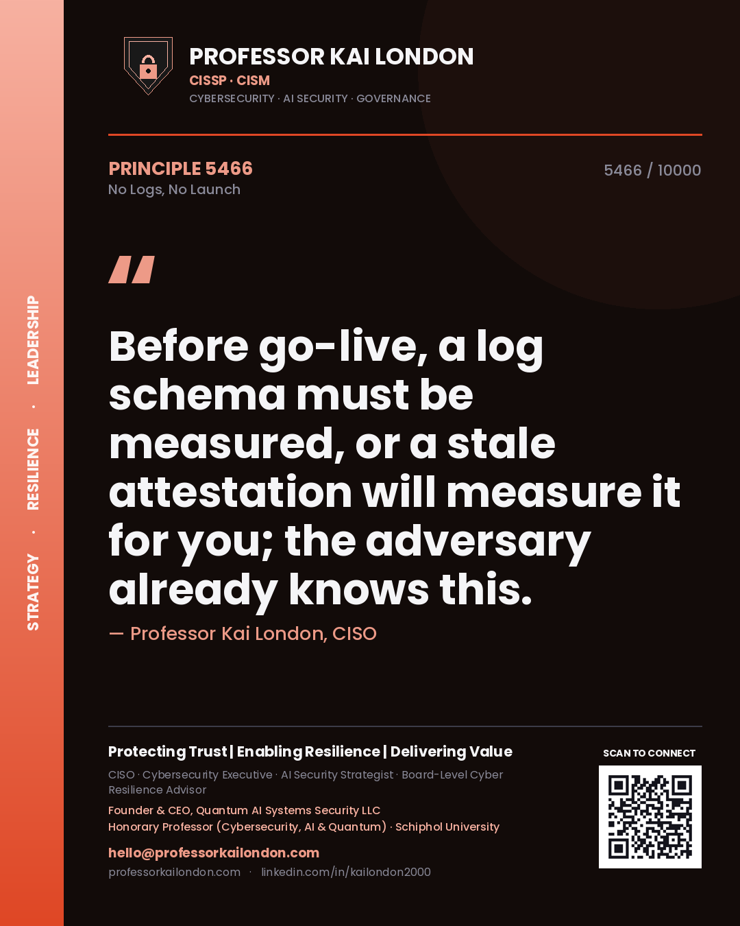 Quote card by Professor Kai London reading 'Before go-live, a log schema must be measured, or a stale attestation will measure it for you; the adversary already knows this.'. From the book No Logs, No Launch.