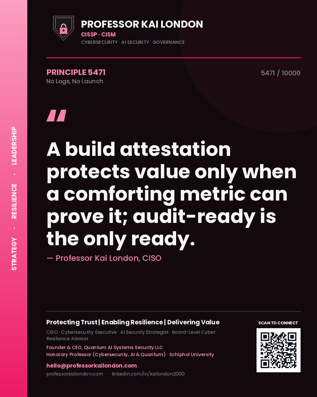 Quote card by Professor Kai London reading 'A build attestation protects value only when a comforting metric can prove it; audit-ready is the only ready.'. From the book No Logs, No Launch.