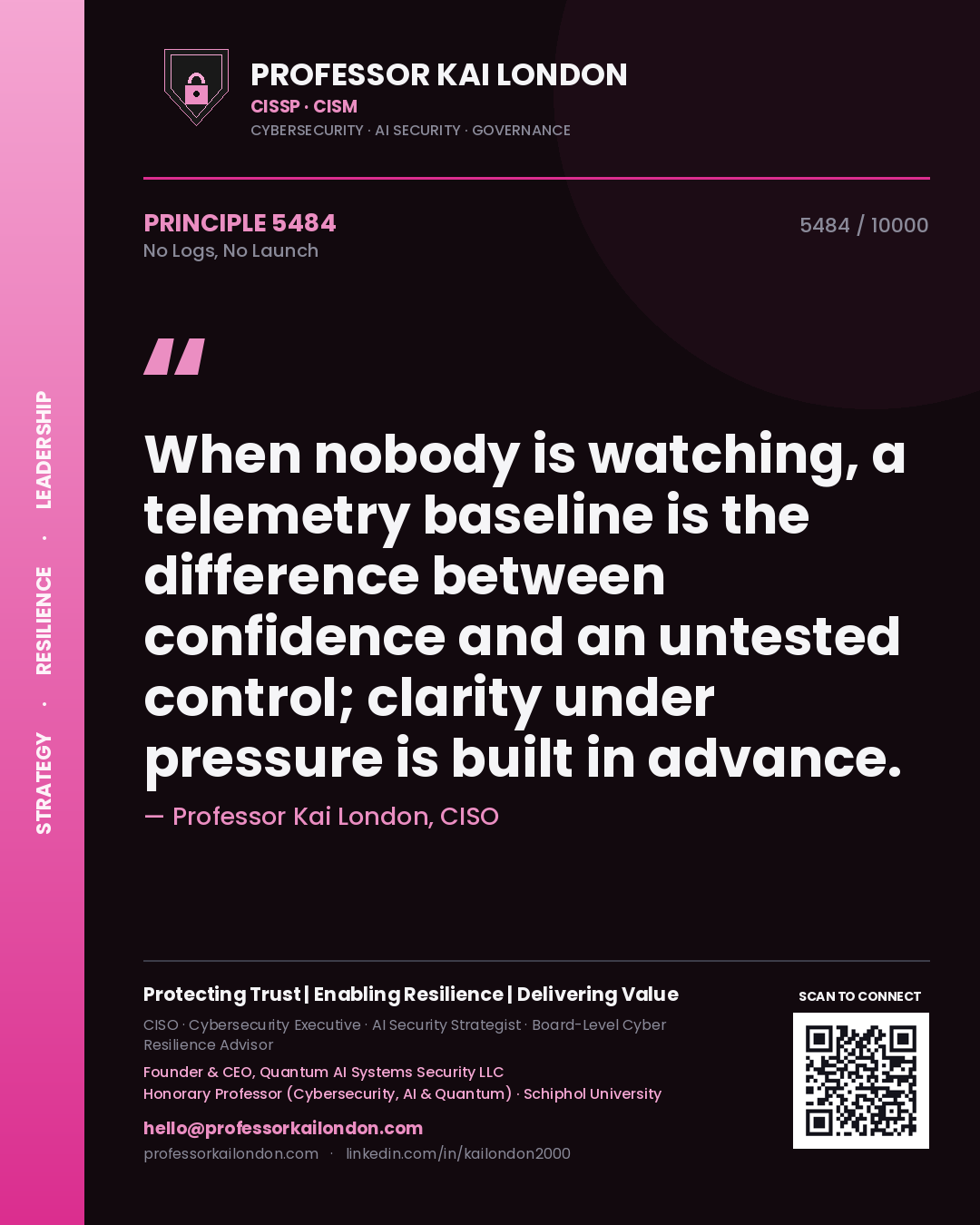 Quote card by Professor Kai London reading 'When nobody is watching, a telemetry baseline is the difference between confidence and an untested control; clarity under pressure is built in advance.'. From the book No Logs, No Launch.