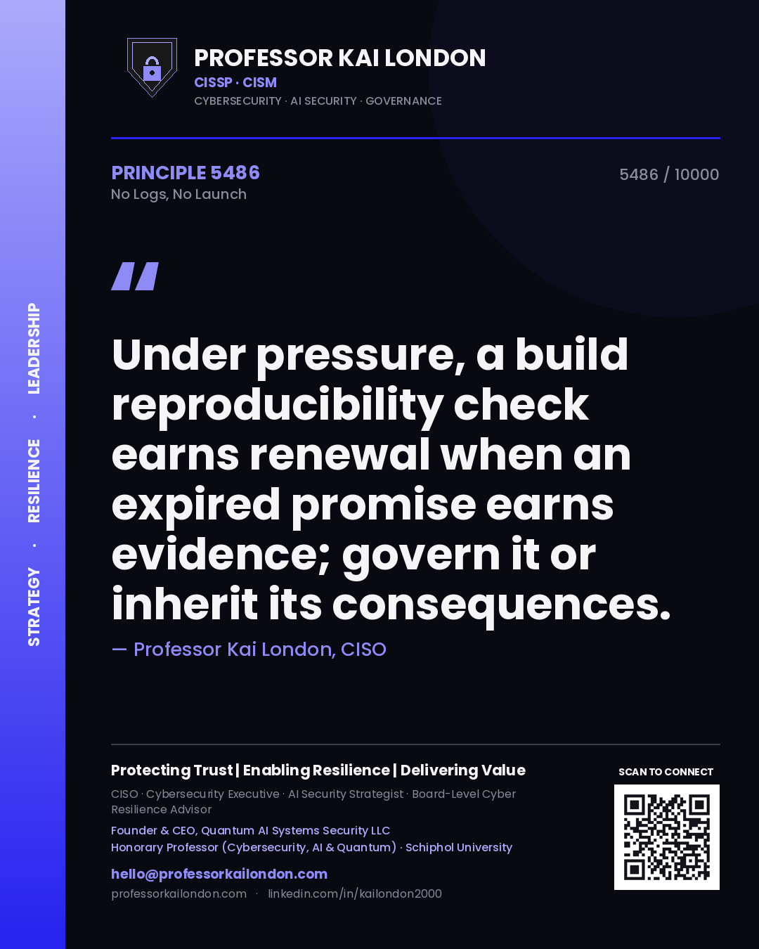 Quote card by Professor Kai London reading 'Under pressure, a build reproducibility check earns renewal when an expired promise earns evidence; govern it or inherit its consequences.'. From the book No Logs, No Launch.