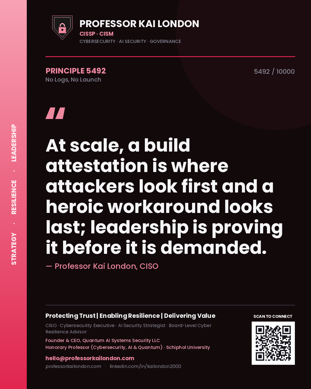 Quote card by Professor Kai London reading 'At scale, a build attestation is where attackers look first and a heroic workaround looks last; leadership is proving it before it is demanded.'. From the book No Logs, No Launch.