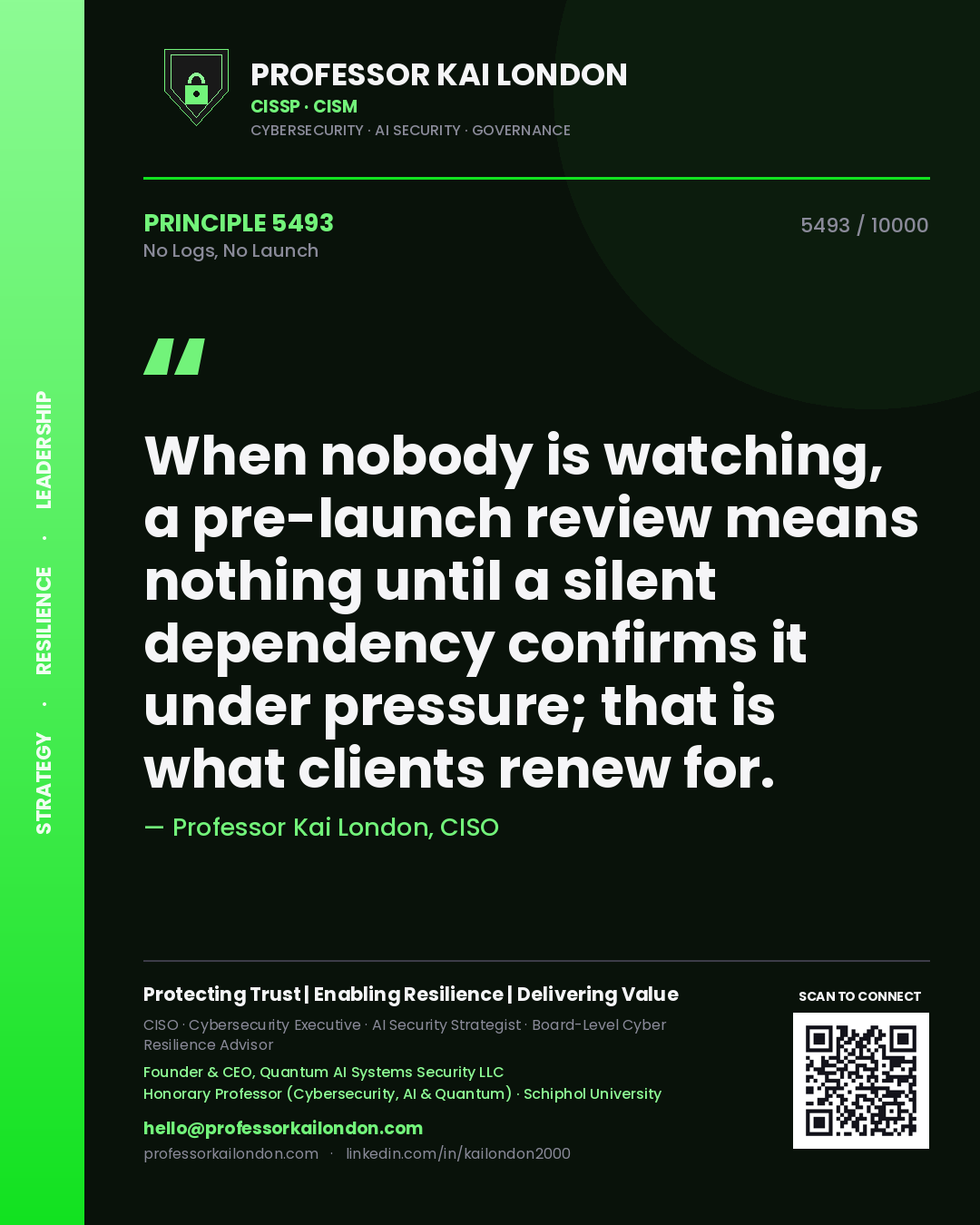 Quote card by Professor Kai London reading 'When nobody is watching, a pre-launch review means nothing until a silent dependency confirms it under pressure; that is what clients renew for.'. From the book No Logs, No Launch.