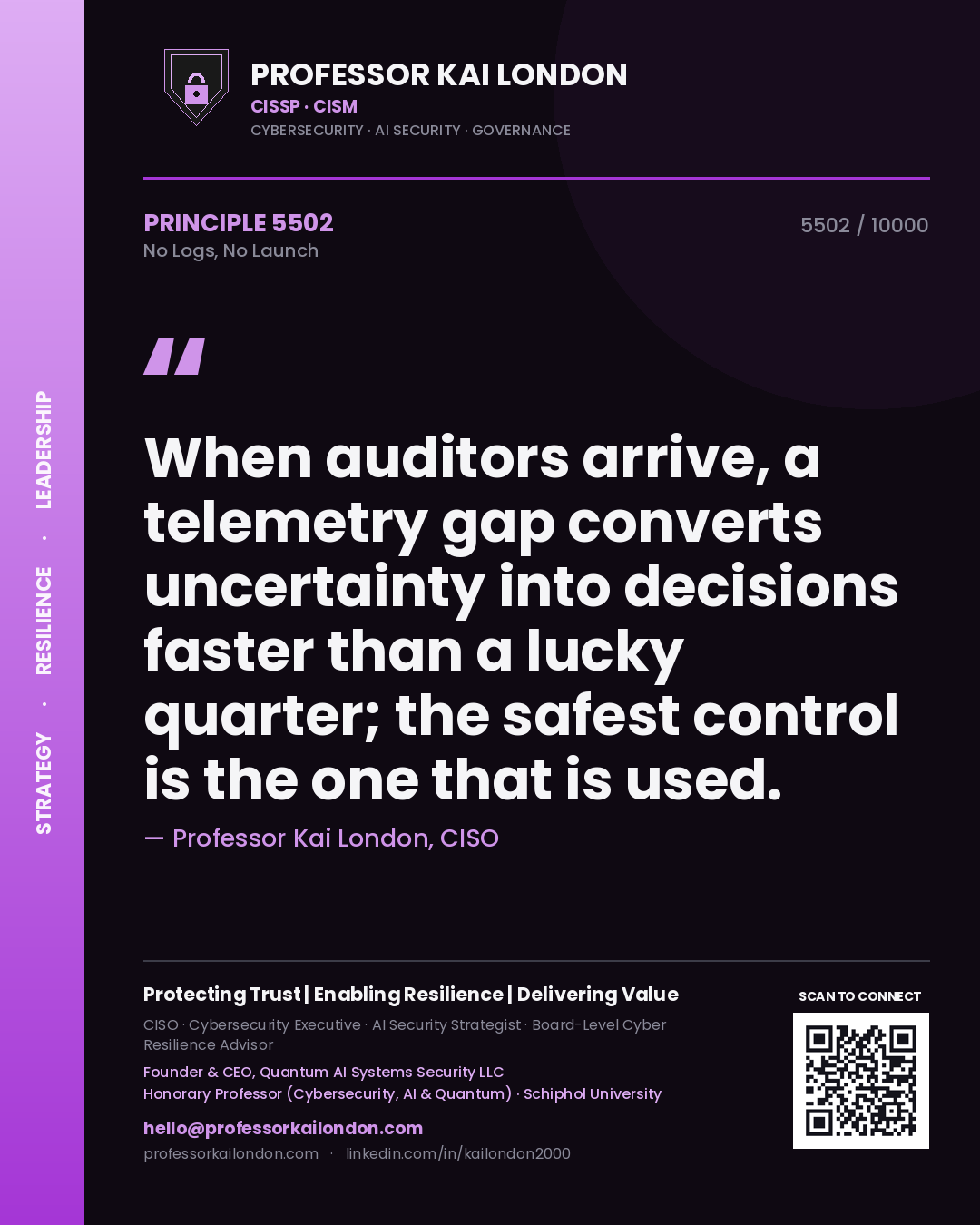 Professor Kai London principle 5502: When auditors arrive, a telemetry gap converts uncertainty into decisions faster than a lucky quarter; the safest control is the one that is used.