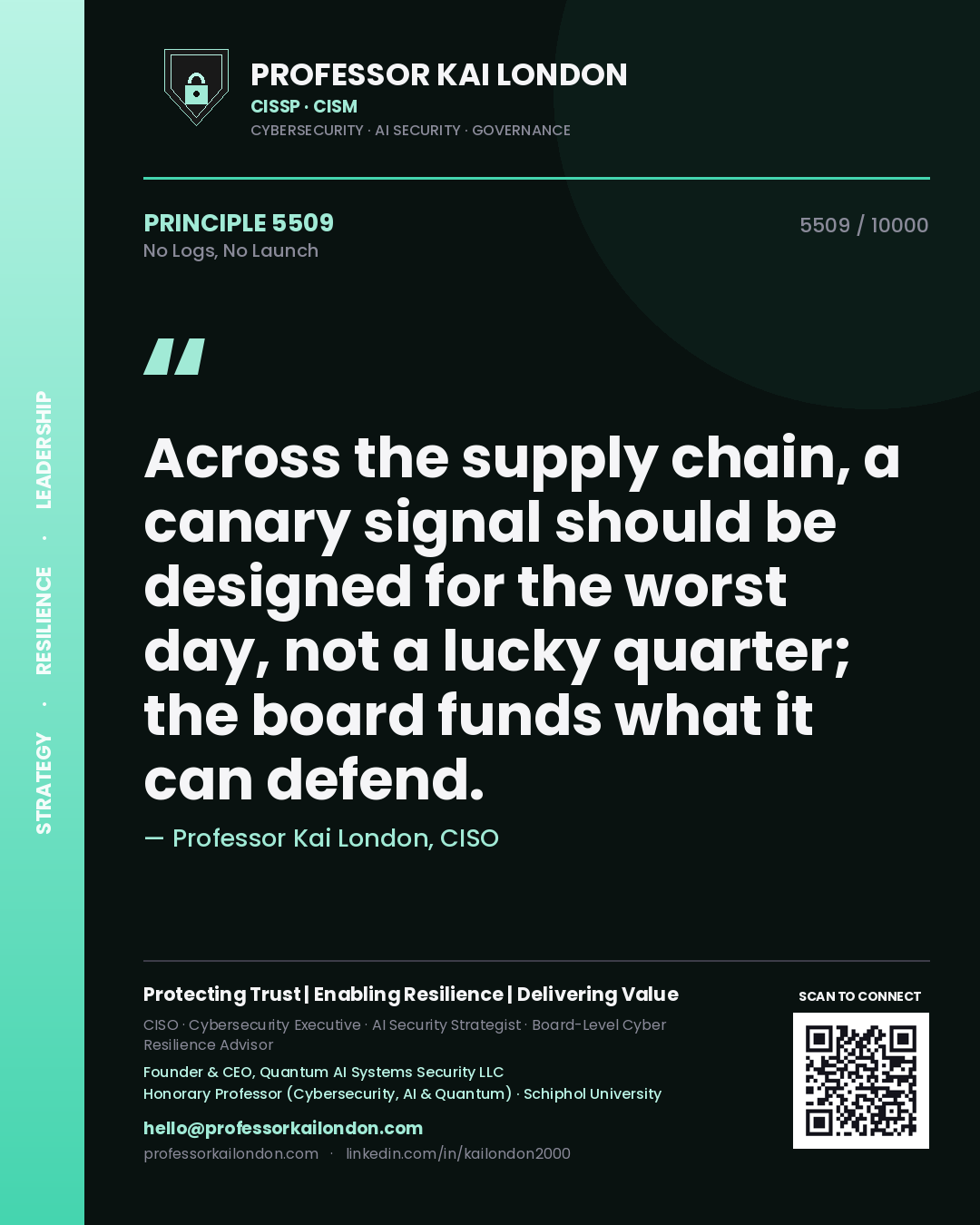 Quote card by Professor Kai London reading 'Across the supply chain, a canary signal should be designed for the worst day, not a lucky quarter; the board funds what it can defend.'. From the book No Logs, No Launch.