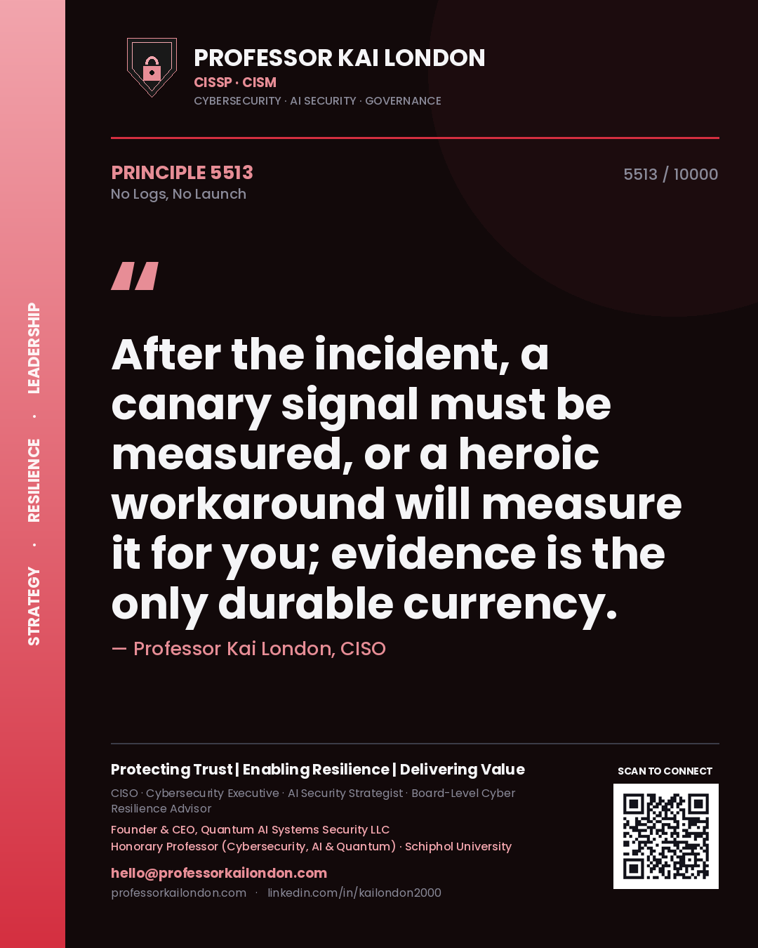 Quote card by Professor Kai London reading 'After the incident, a canary signal must be measured, or a heroic workaround will measure it for you; evidence is the only durable currency.'. From the book No Logs, No Launch.