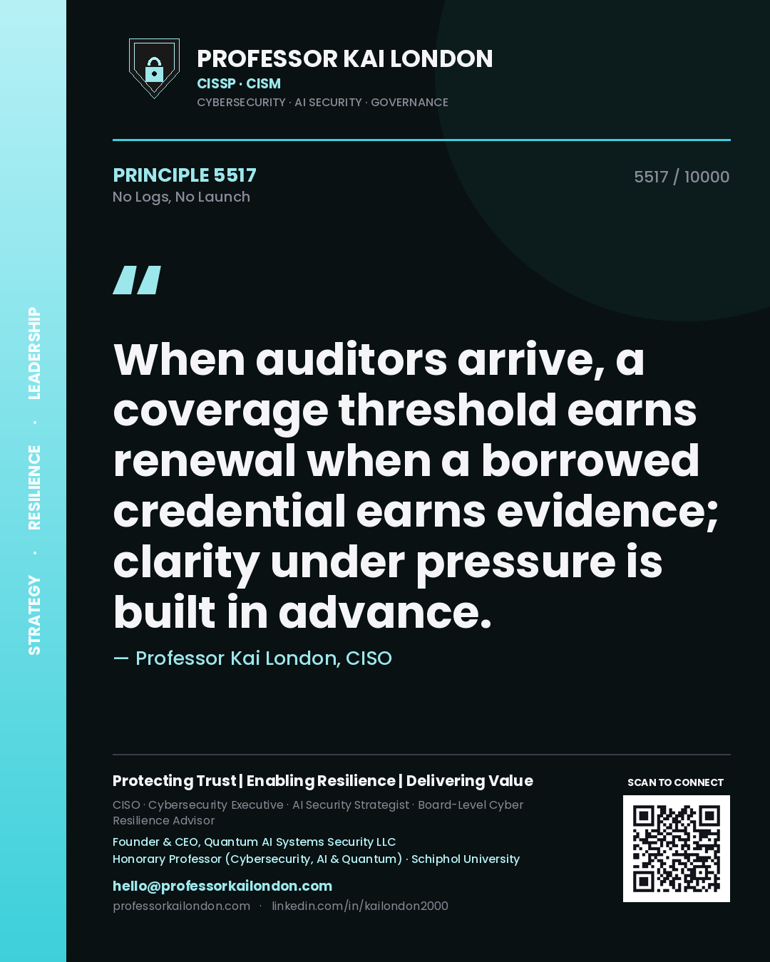 Professor Kai London principle 5517: When auditors arrive, a coverage threshold earns renewal when a borrowed credential earns evidence; clarity under pressure is built in advance.