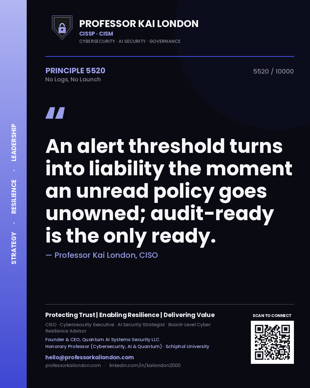 Quote card by Professor Kai London reading 'An alert threshold turns into liability the moment an unread policy goes unowned; audit-ready is the only ready.'. From the book No Logs, No Launch.