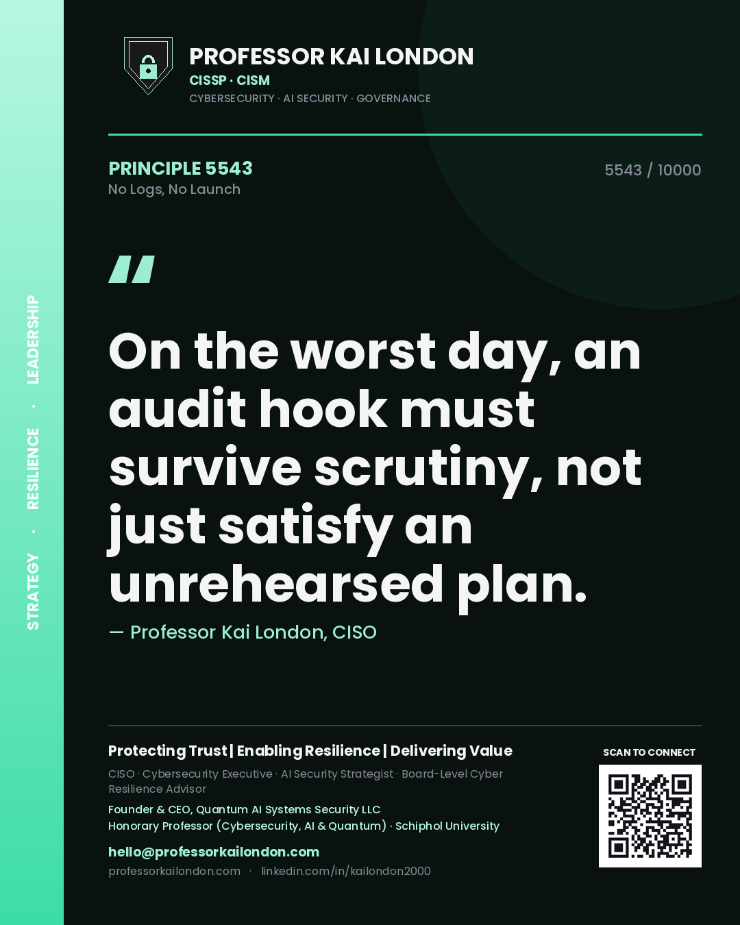 Quote card by Professor Kai London reading 'On the worst day, an audit hook must survive scrutiny, not just satisfy an unrehearsed plan.'. From the book No Logs, No Launch.