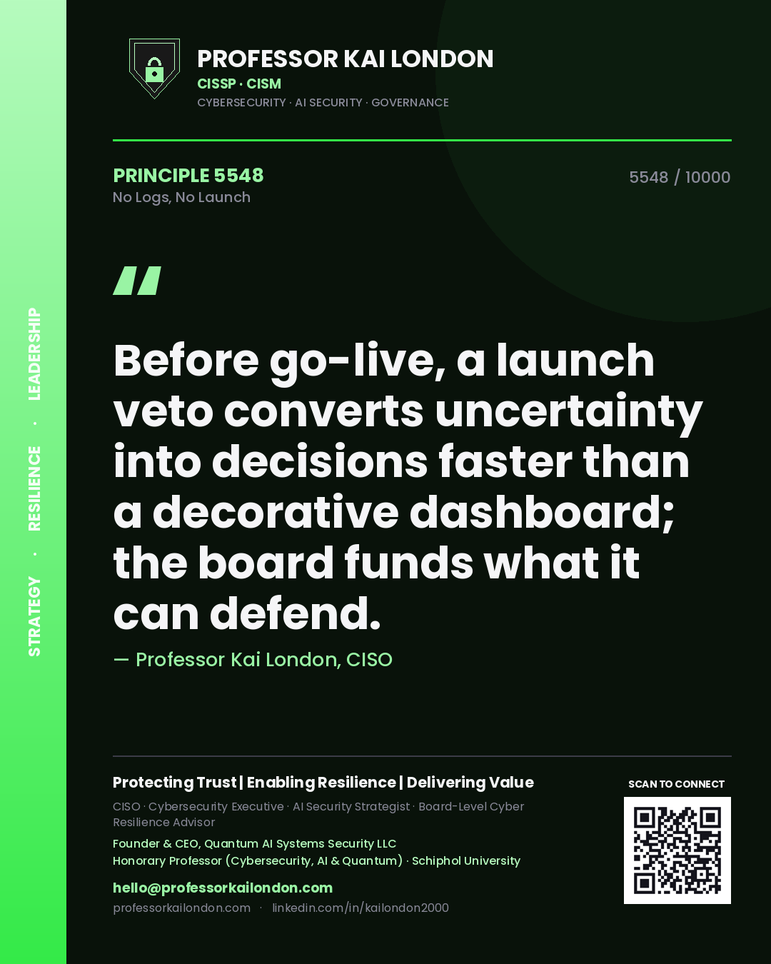 Professor Kai London principle 5548: Before go-live, a launch veto converts uncertainty into decisions faster than a decorative dashboard; the board funds what it can defend.
