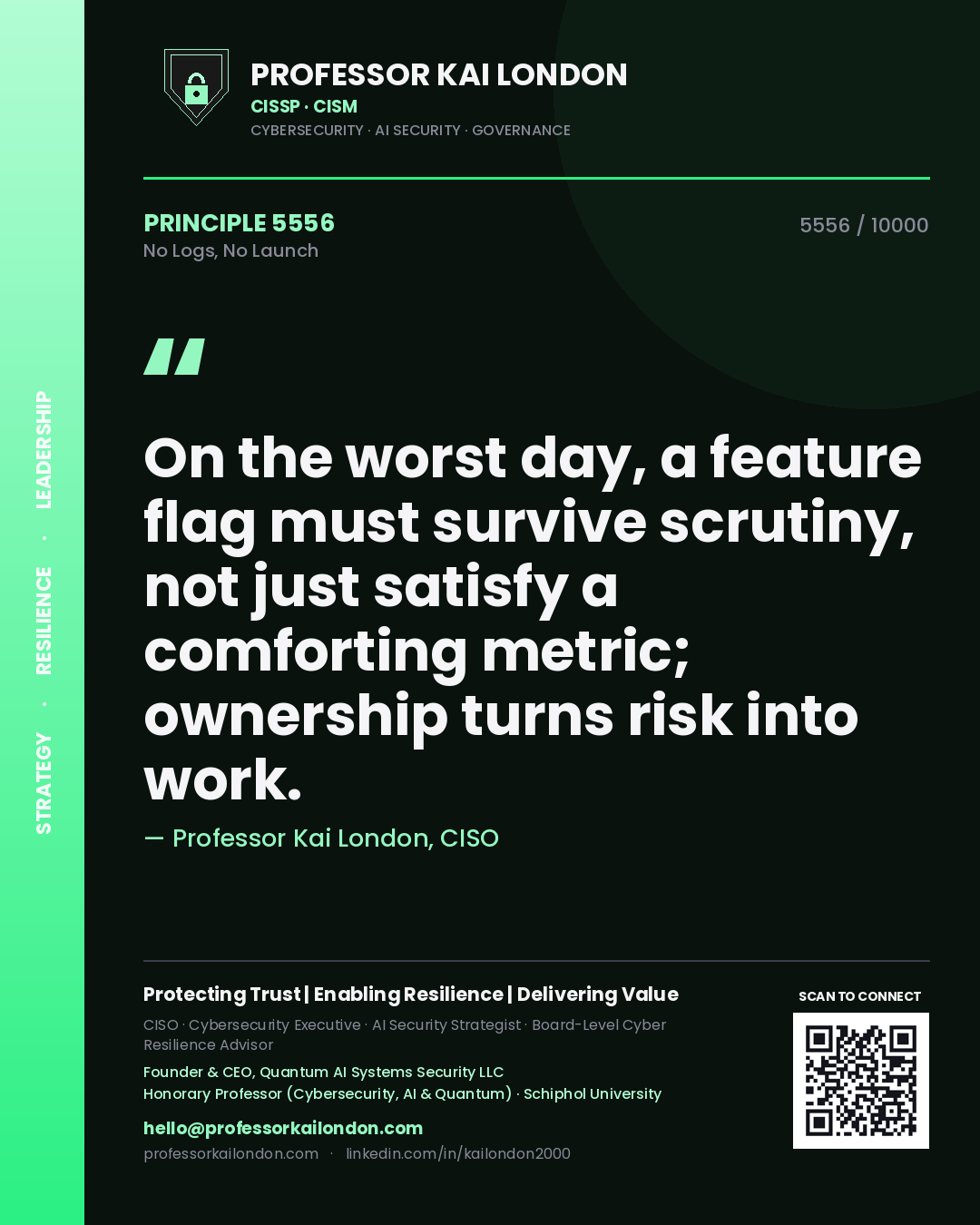 Quote card by Professor Kai London reading 'On the worst day, a feature flag must survive scrutiny, not just satisfy a comforting metric; ownership turns risk into work.'. From the book No Logs, No Launch.