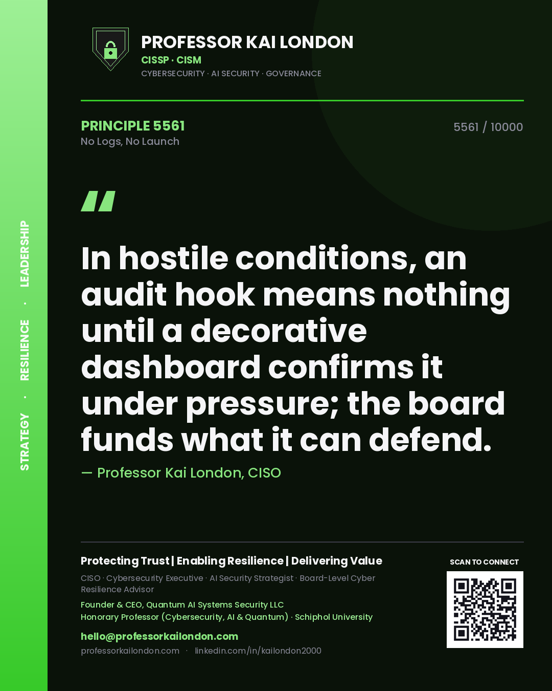 Quote card by Professor Kai London reading 'In hostile conditions, an audit hook means nothing until a decorative dashboard confirms it under pressure; the board funds what it can defend.'. From the book No Logs, No Launch.