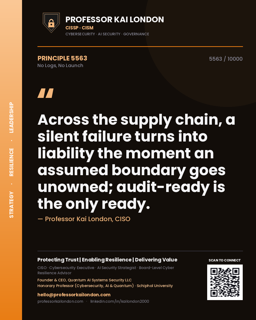 Quote card by Professor Kai London reading 'Across the supply chain, a silent failure turns into liability the moment an assumed boundary goes unowned; audit-ready is the only ready.'. From the book No Logs, No Launch.