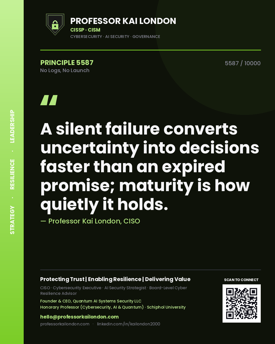 Quote card by Professor Kai London reading 'A silent failure converts uncertainty into decisions faster than an expired promise; maturity is how quietly it holds.'. From the book No Logs, No Launch.