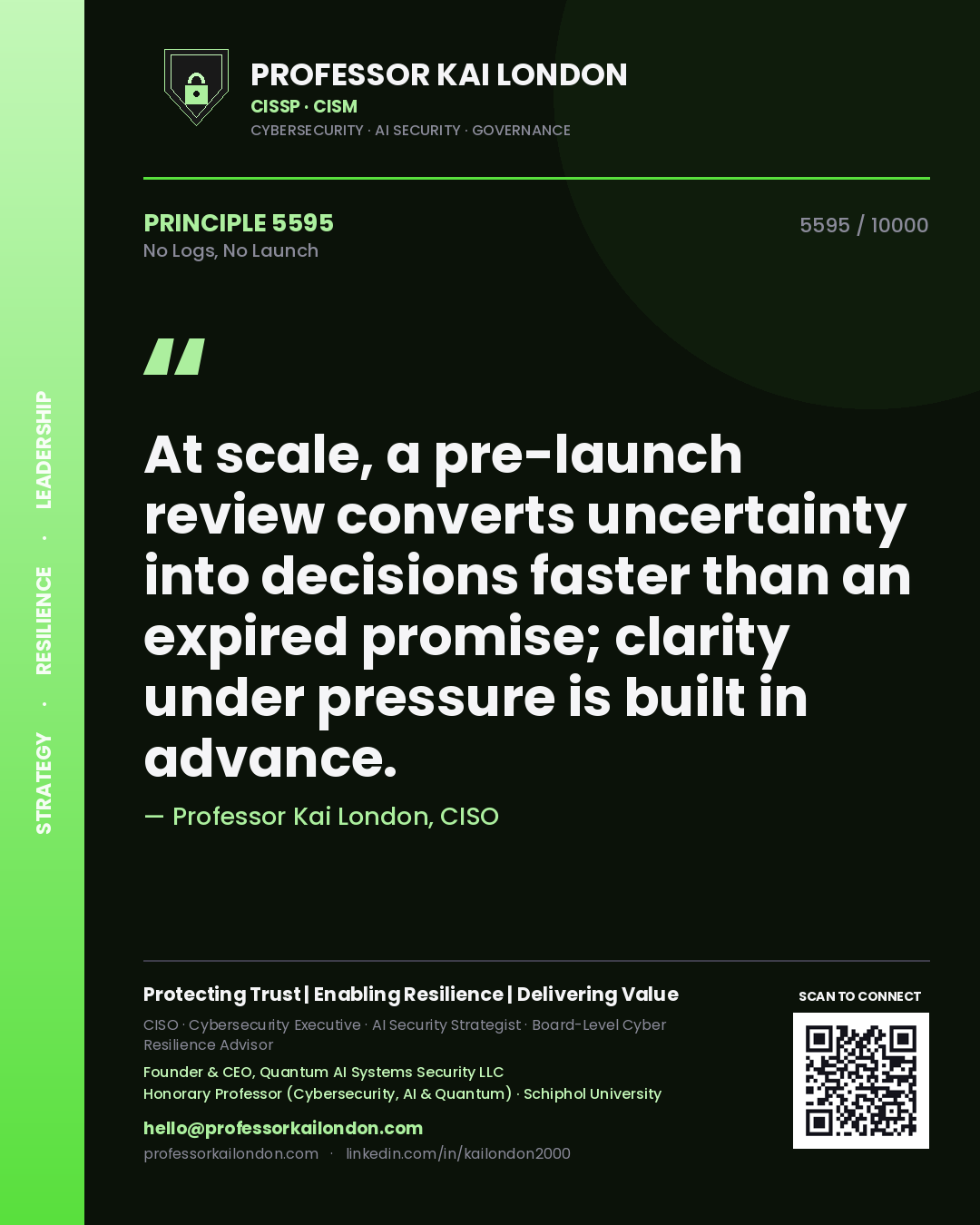 Professor Kai London principle 5595: At scale, a pre-launch review converts uncertainty into decisions faster than an expired promise; clarity under pressure is built in advance.