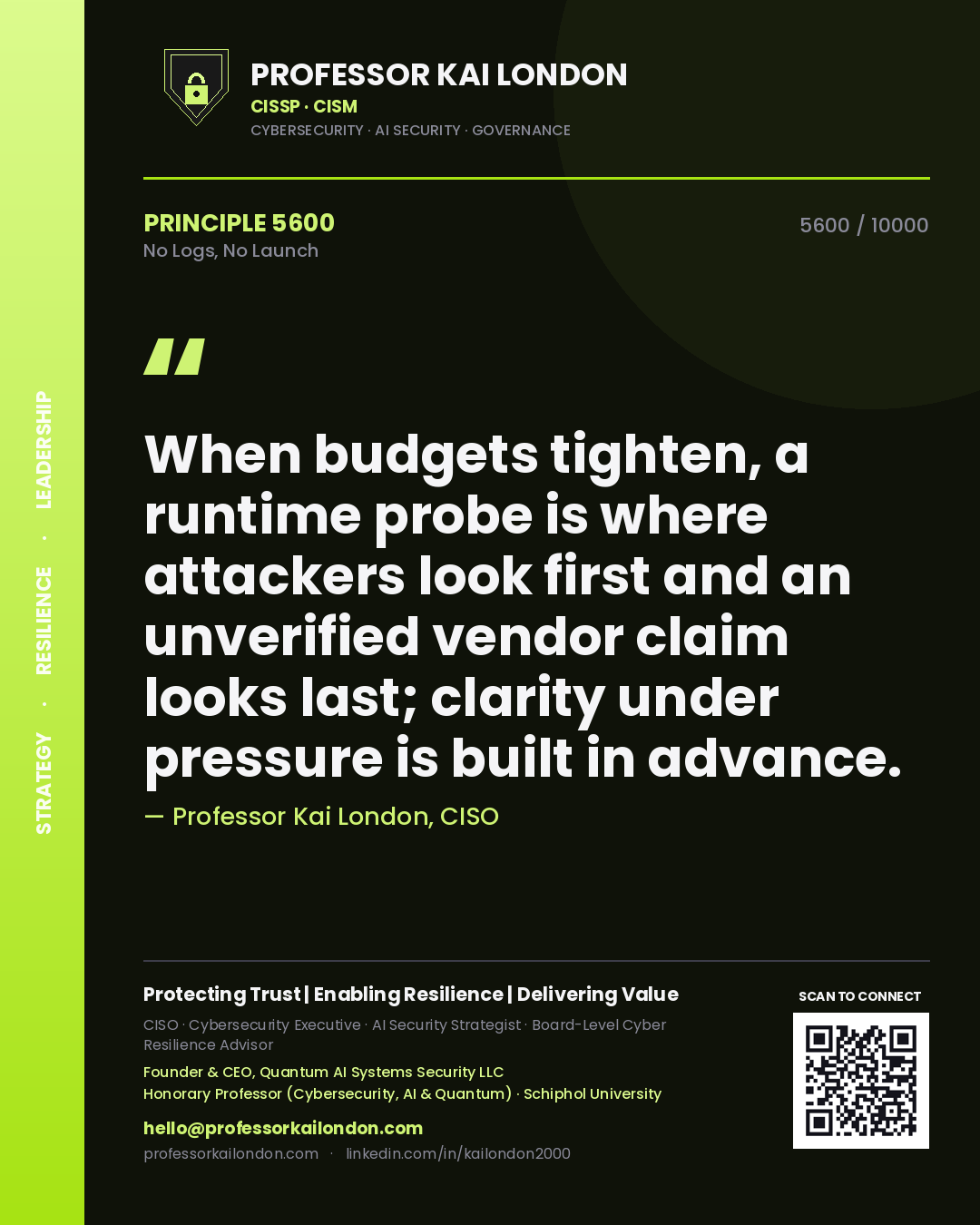 Quote card by Professor Kai London reading 'When budgets tighten, a runtime probe is where attackers look first and an unverified vendor claim looks last; clarity under pressure is built in advance.'. From the book No Logs, No Launch.