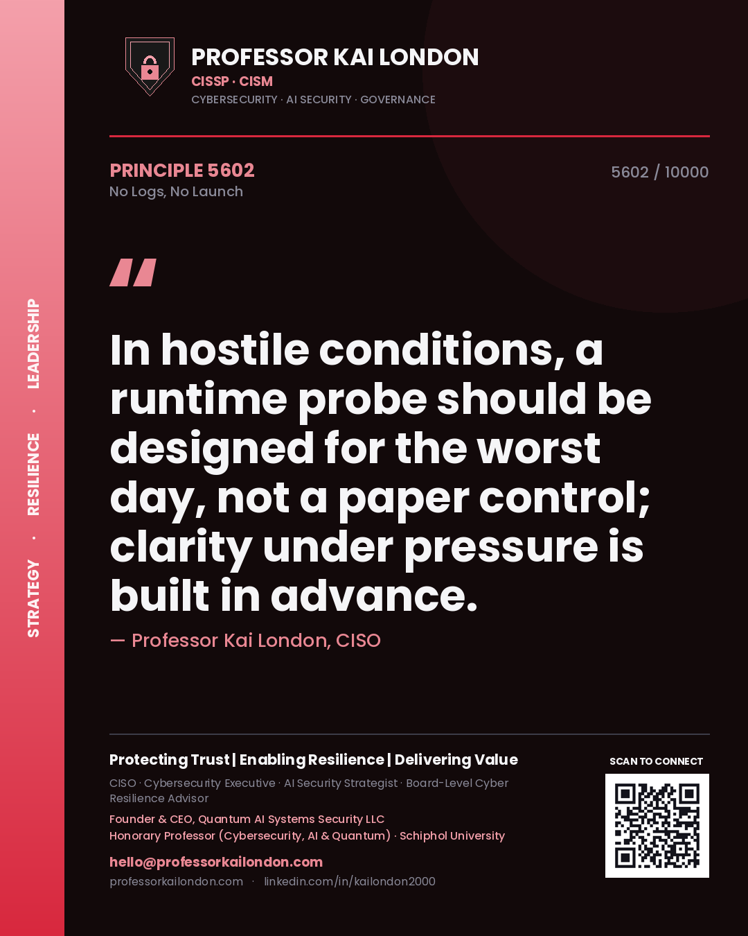 Quote card by Professor Kai London reading 'In hostile conditions, a runtime probe should be designed for the worst day, not a paper control; clarity under pressure is built in advance.'. From the book No Logs, No Launch.