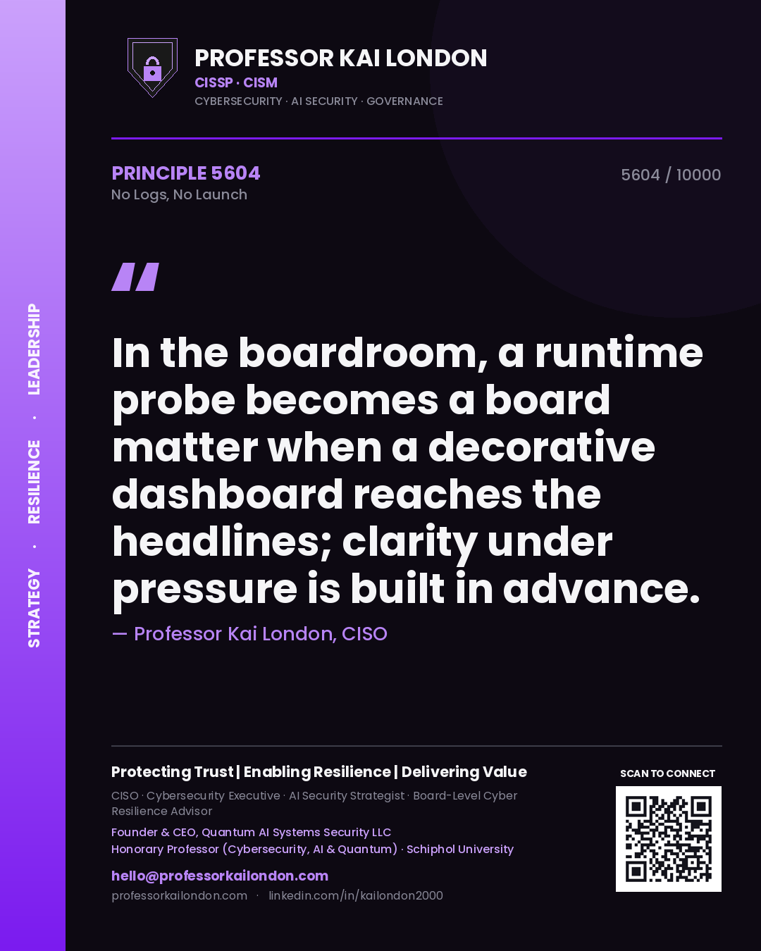 Quote card by Professor Kai London reading 'In the boardroom, a runtime probe becomes a board matter when a decorative dashboard reaches the headlines; clarity under pressure is built in advance.'. From the book No Logs, No Launch.