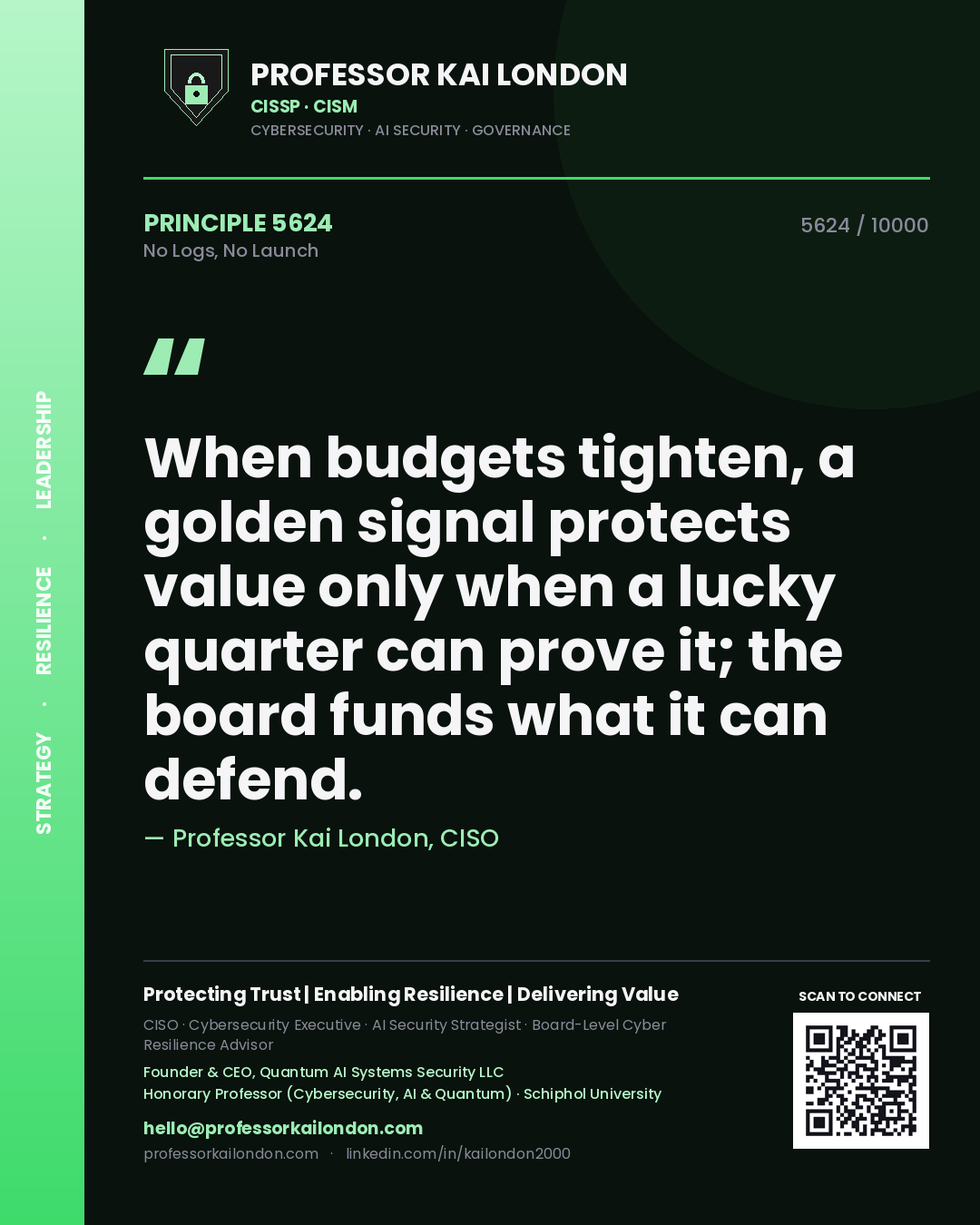 Professor Kai London principle 5624: When budgets tighten, a golden signal protects value only when a lucky quarter can prove it; the board funds what it can defend.