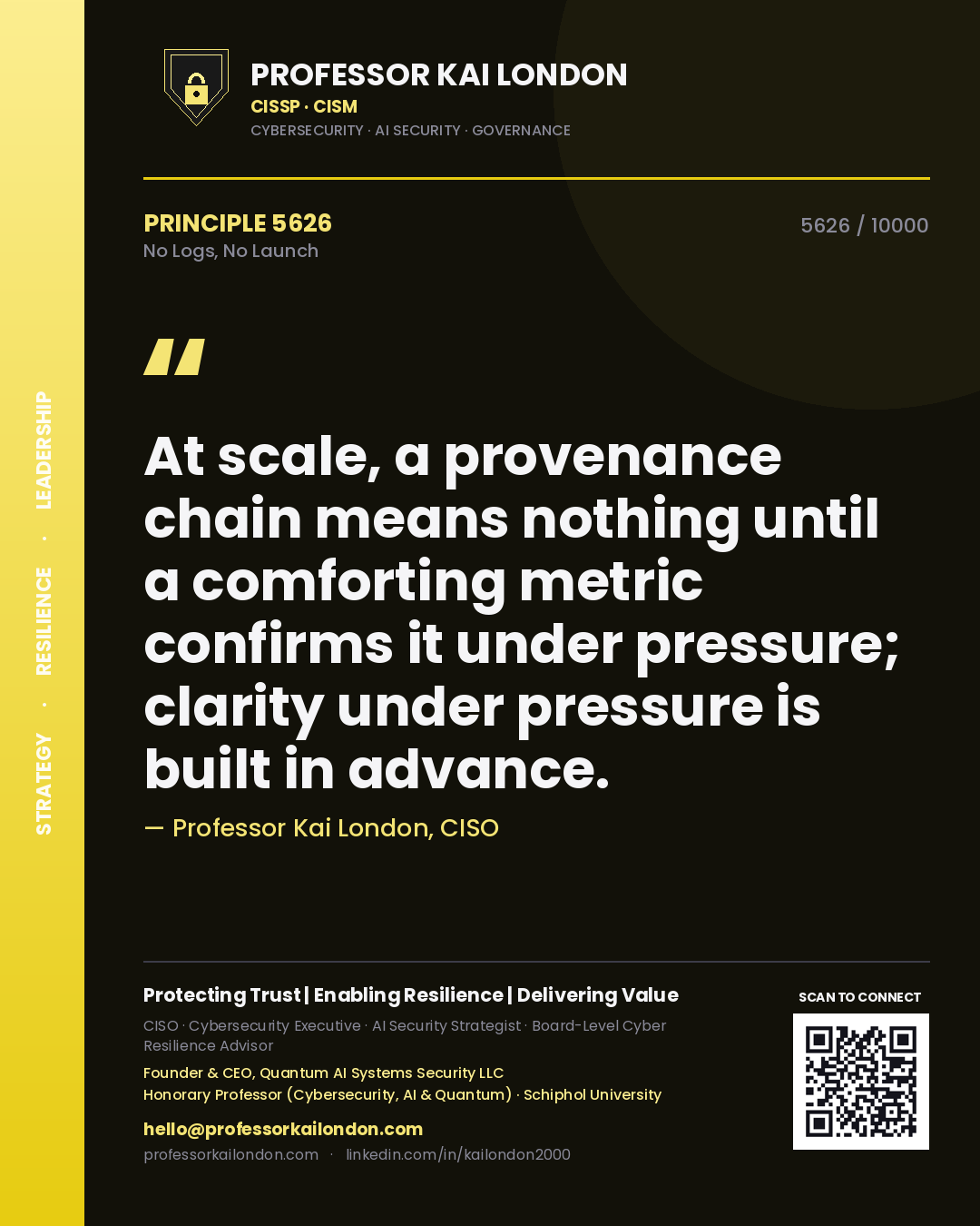 Professor Kai London principle 5626: At scale, a provenance chain means nothing until a comforting metric confirms it under pressure; clarity under pressure is built in advance.
