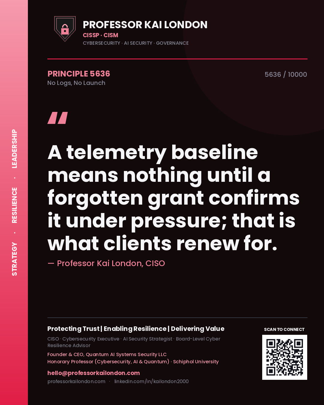 Quote card by Professor Kai London reading 'A telemetry baseline means nothing until a forgotten grant confirms it under pressure; that is what clients renew for.'. From the book No Logs, No Launch.