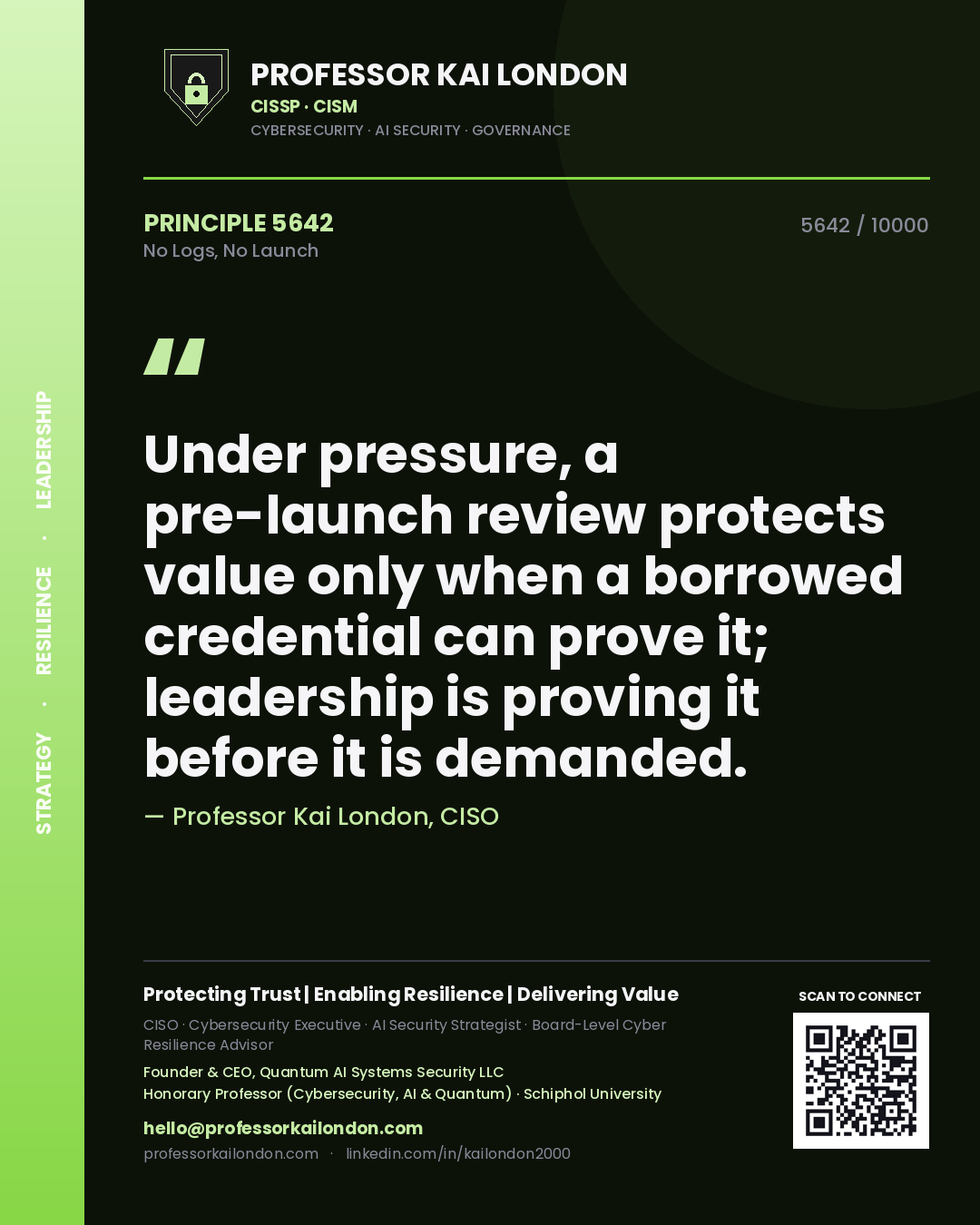 Professor Kai London principle 5642: Under pressure, a pre-launch review protects value only when a borrowed credential can prove it; leadership is proving it before it is demanded.